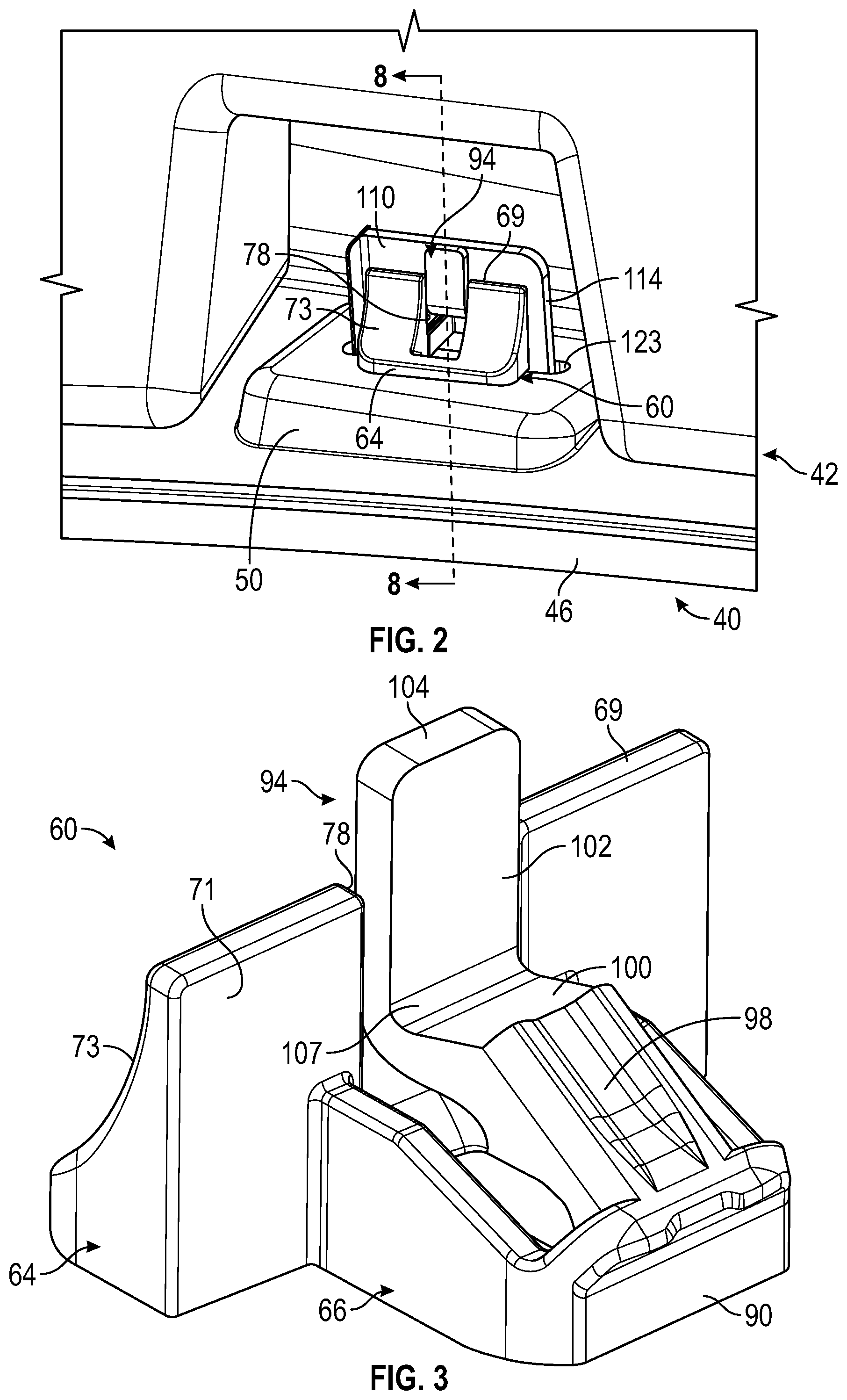 Patent US11772577 Figure 2 – Serviceable shoe-clip fastener for vehicle trim attachment