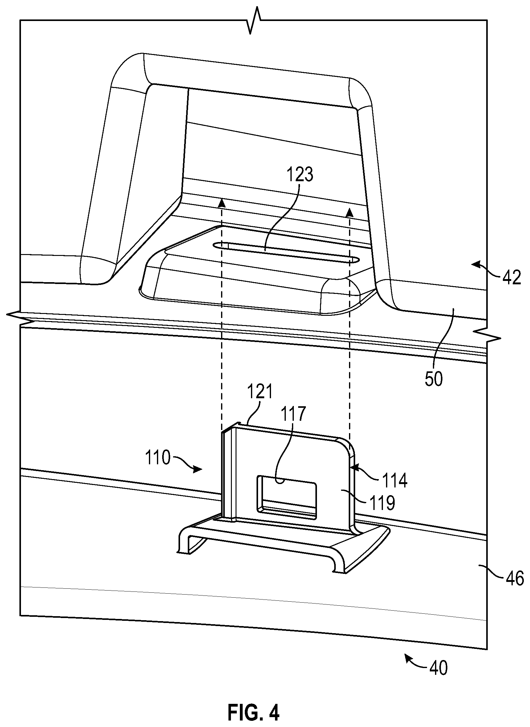 Patent US11772577 Figure 3 – Serviceable shoe-clip fastener for vehicle trim attachment