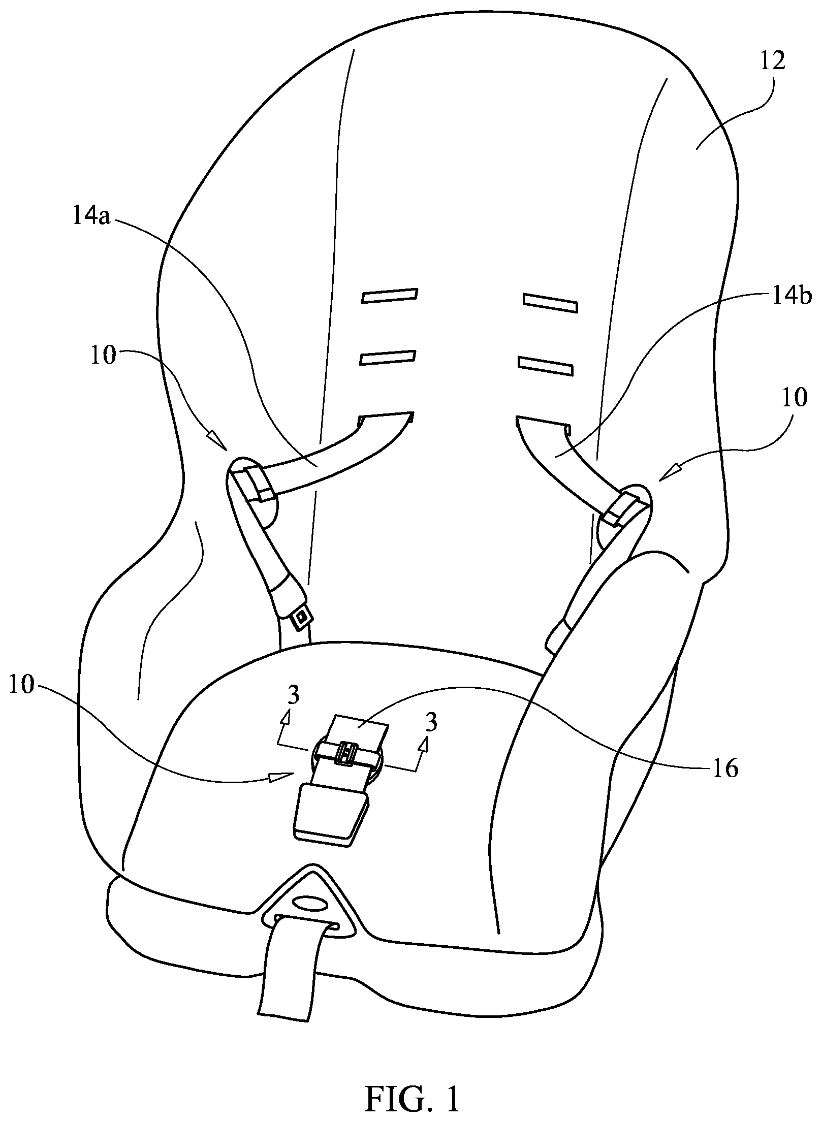 Patent US11772598 Figure 1 – Car seat safety harness retaining device