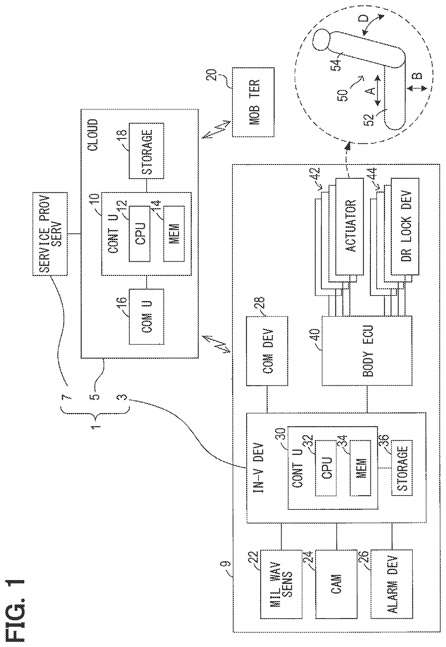 Patent US11772605 Figure 1 – Security device for vehicle, security system for vehicle, security method for vehicle, and non-transitory computer-readable storage medium for vehicle