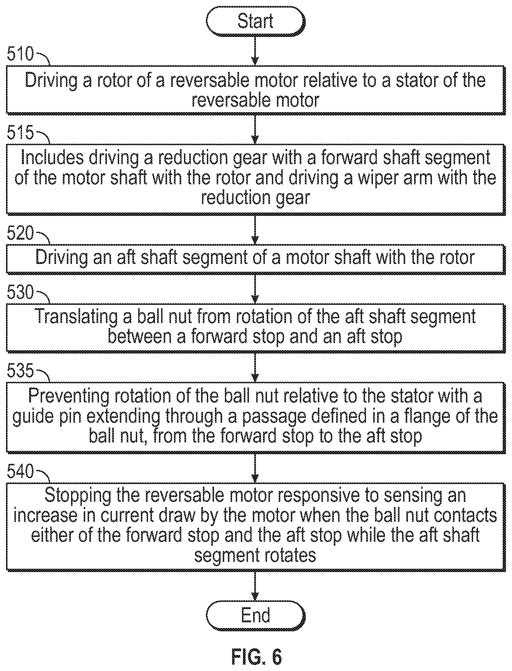 Patent US11772606 Figure 5 – Reversible motor configured with motion stops for aircraft windshield wiper system