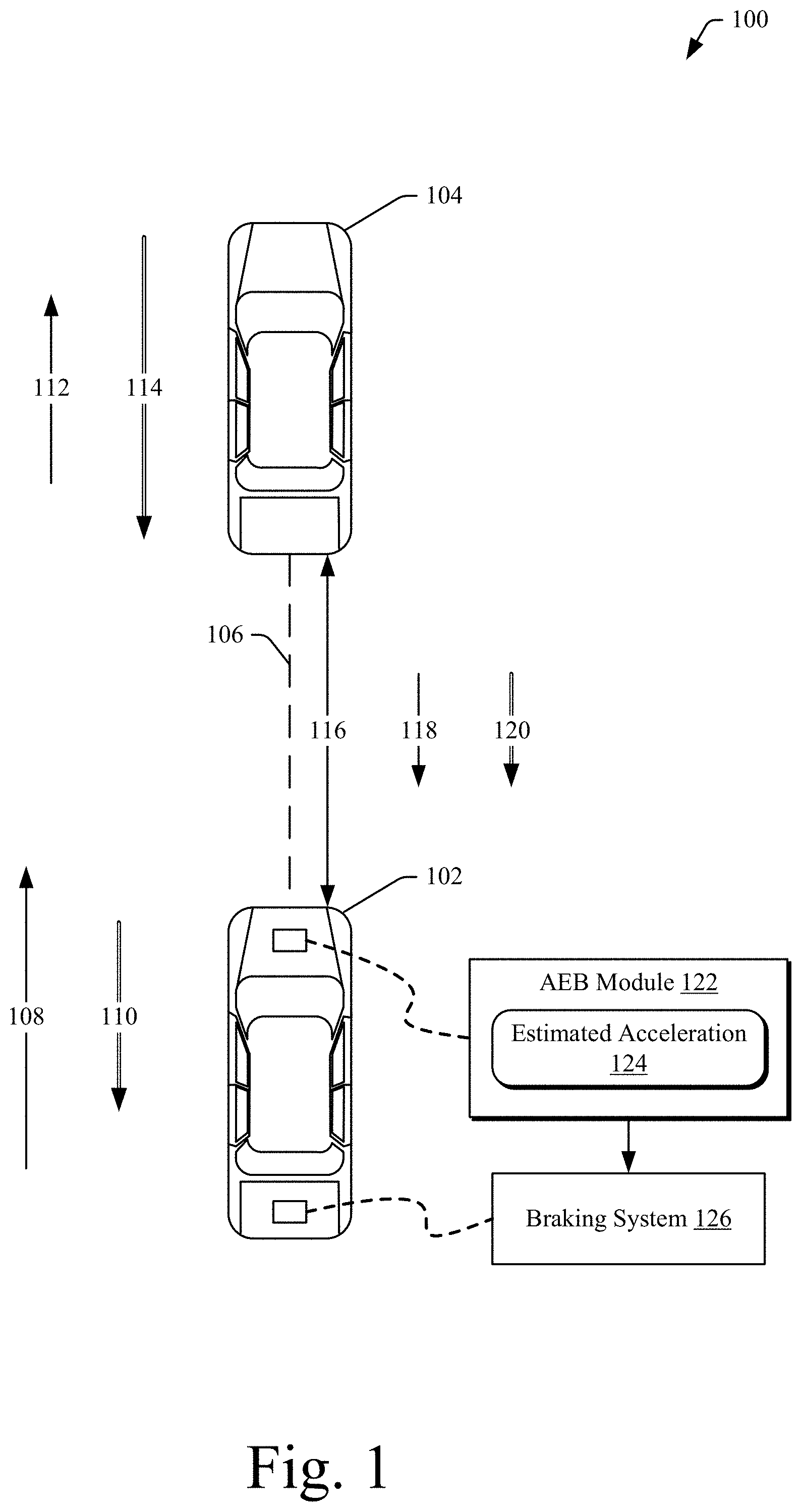 Patent US11772619 Figure 1 – Estimated-acceleration determination for automatic emergency braking