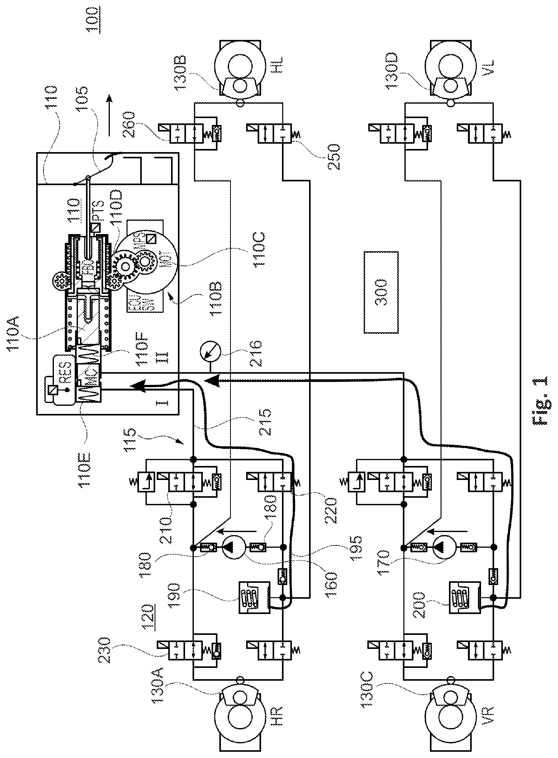 Patent US11772620 Figure 1 – Hydraulic motor vehicle brake system, method for operating the same and control unit for this