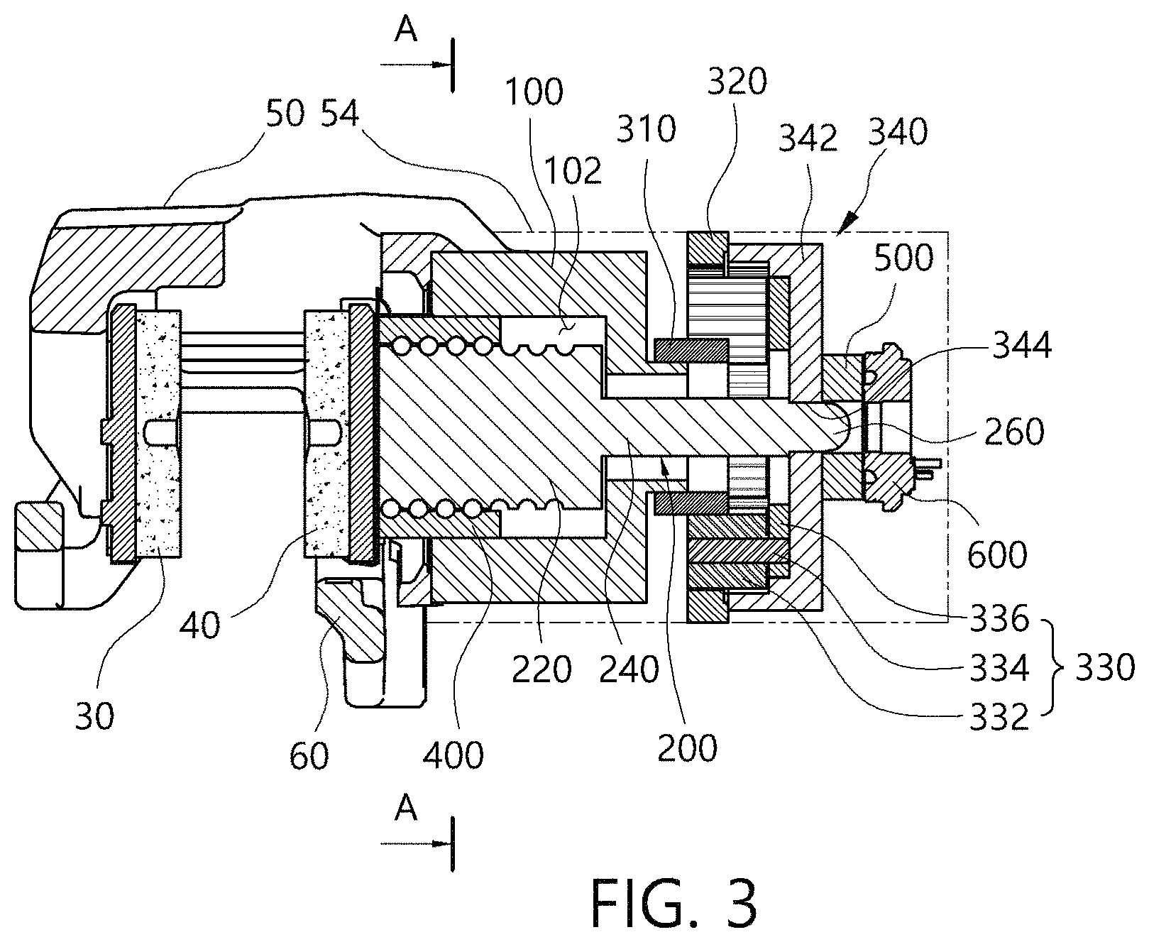 Patent US11772625 Figure 3 – Electro-mechanical brake and vehicle having the same