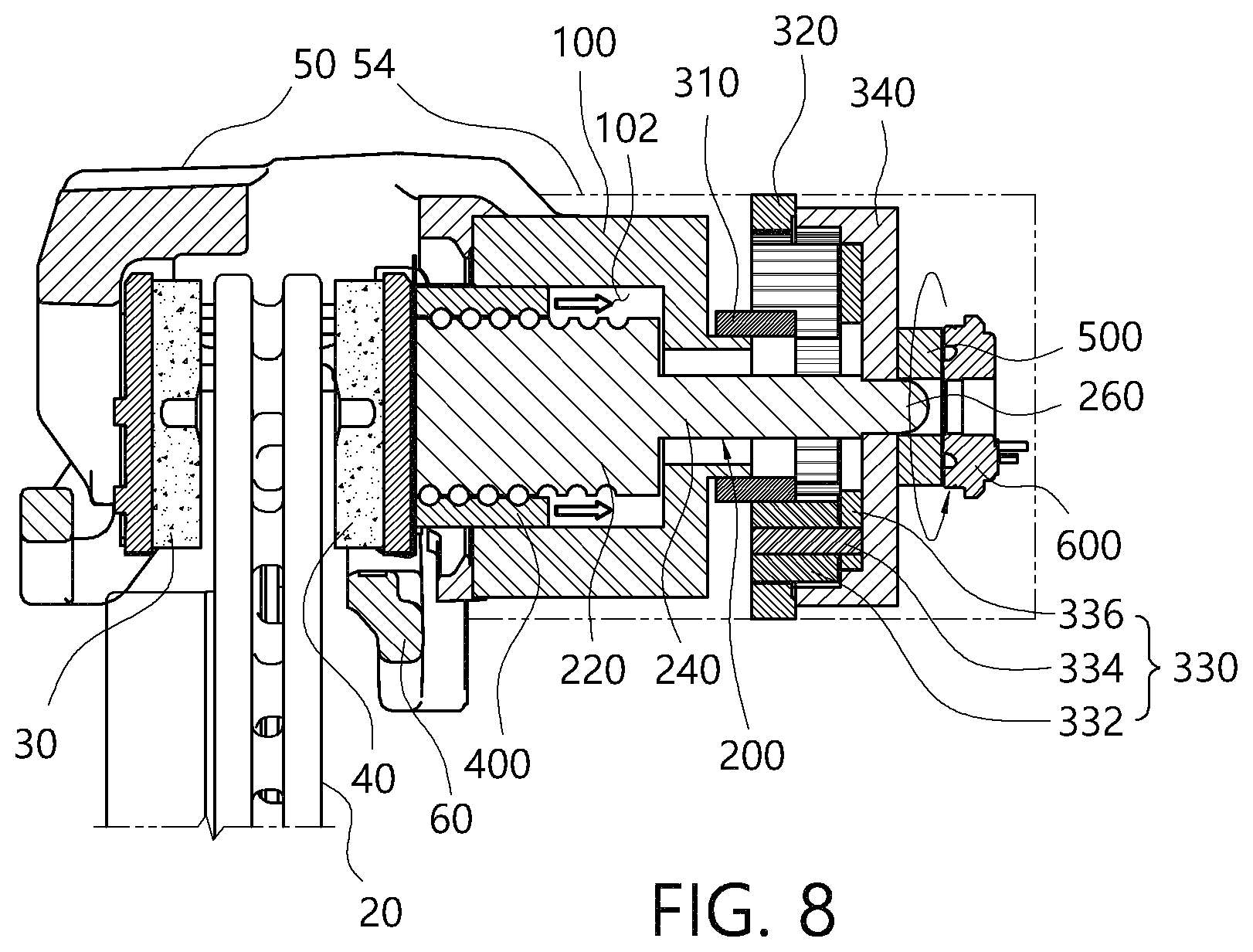 Patent US11772625 Figure 8 – Electro-mechanical brake and vehicle having the same