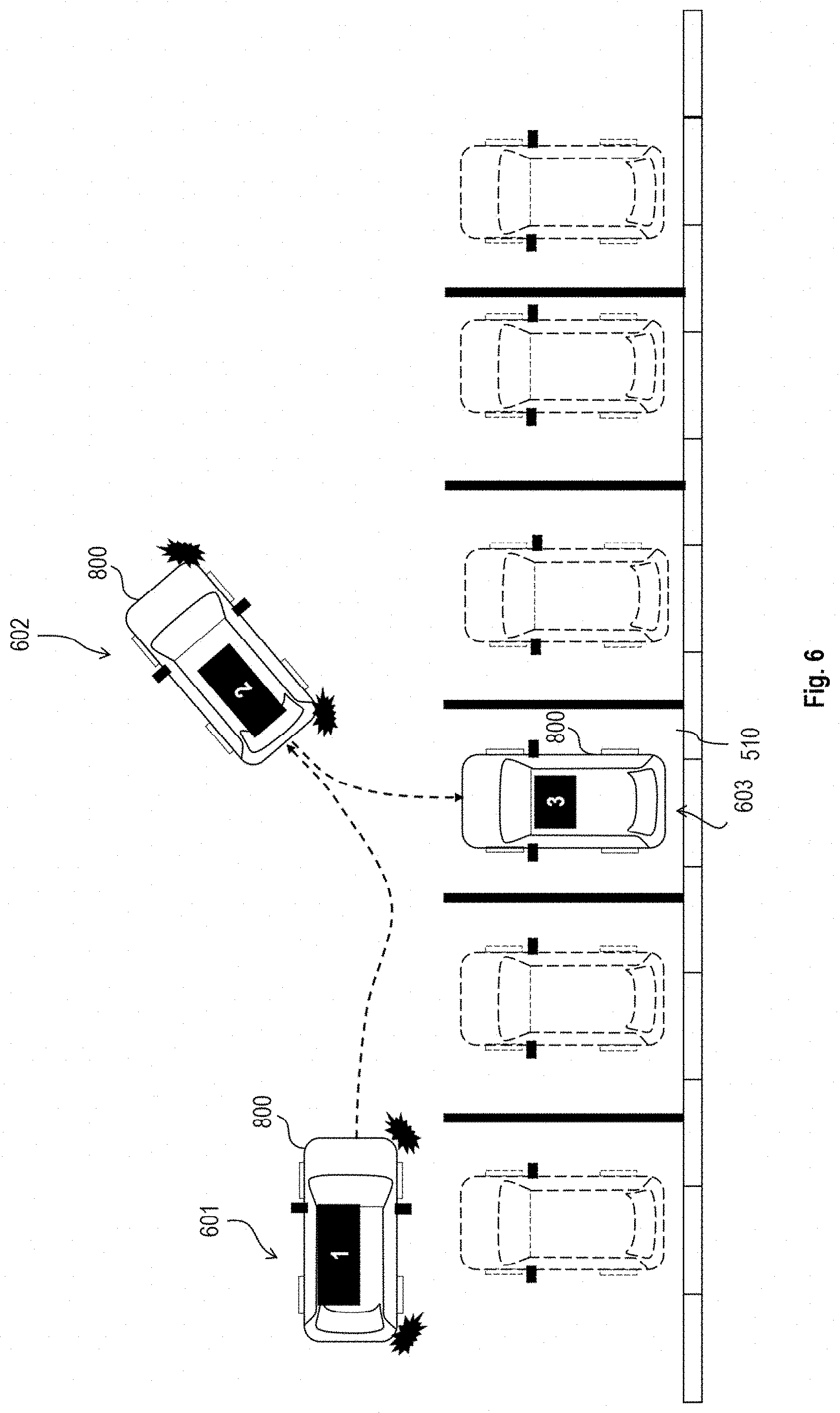 Patent US11772635 Figure 6 – Automated parking assist system for parking a vehicle in a parking spot