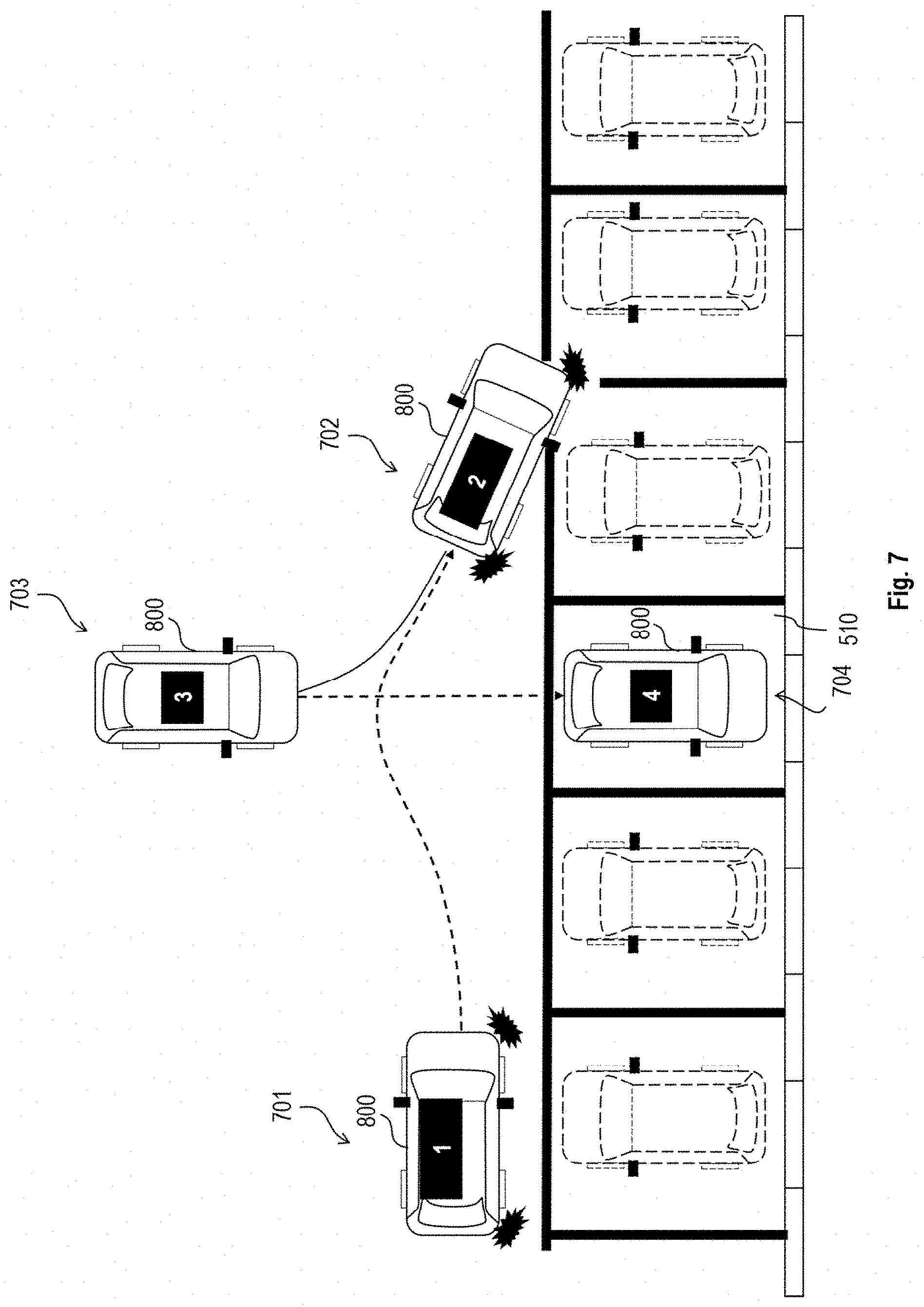 Patent US11772635 Figure 7 – Automated parking assist system for parking a vehicle in a parking spot