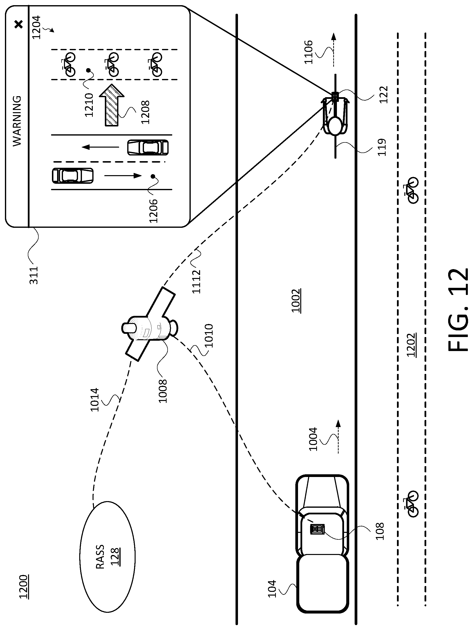 Patent US11772673 Figure 12 – Systems and methods to issue warnings to enhance the safety of bicyclists, pedestrians, and others