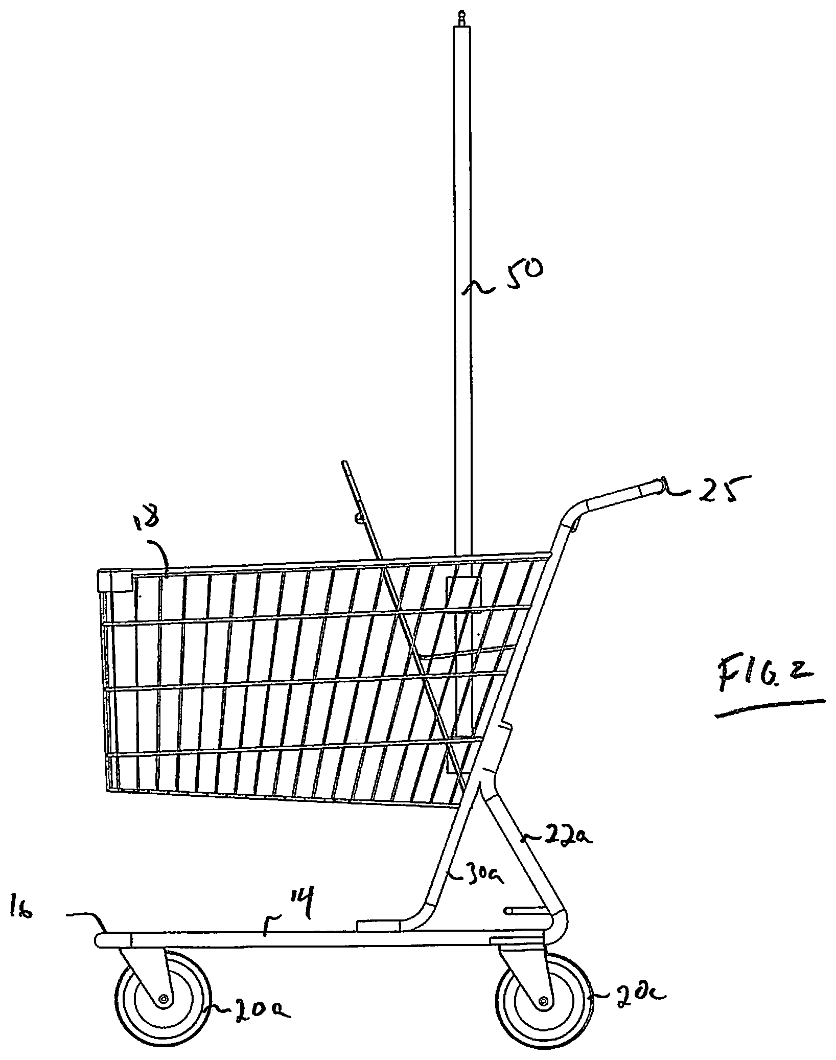Patent US11772695 Figure 2 – Shopping cart with anti-theft pole