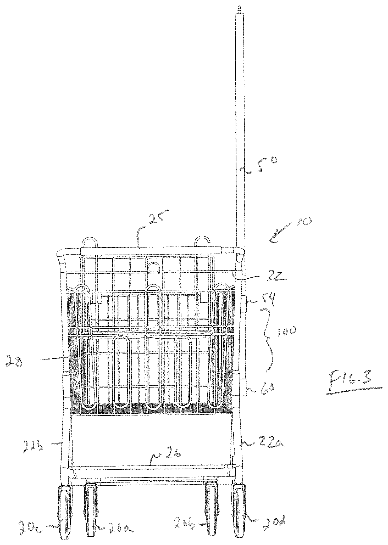 Patent US11772695 Figure 3 – Shopping cart with anti-theft pole