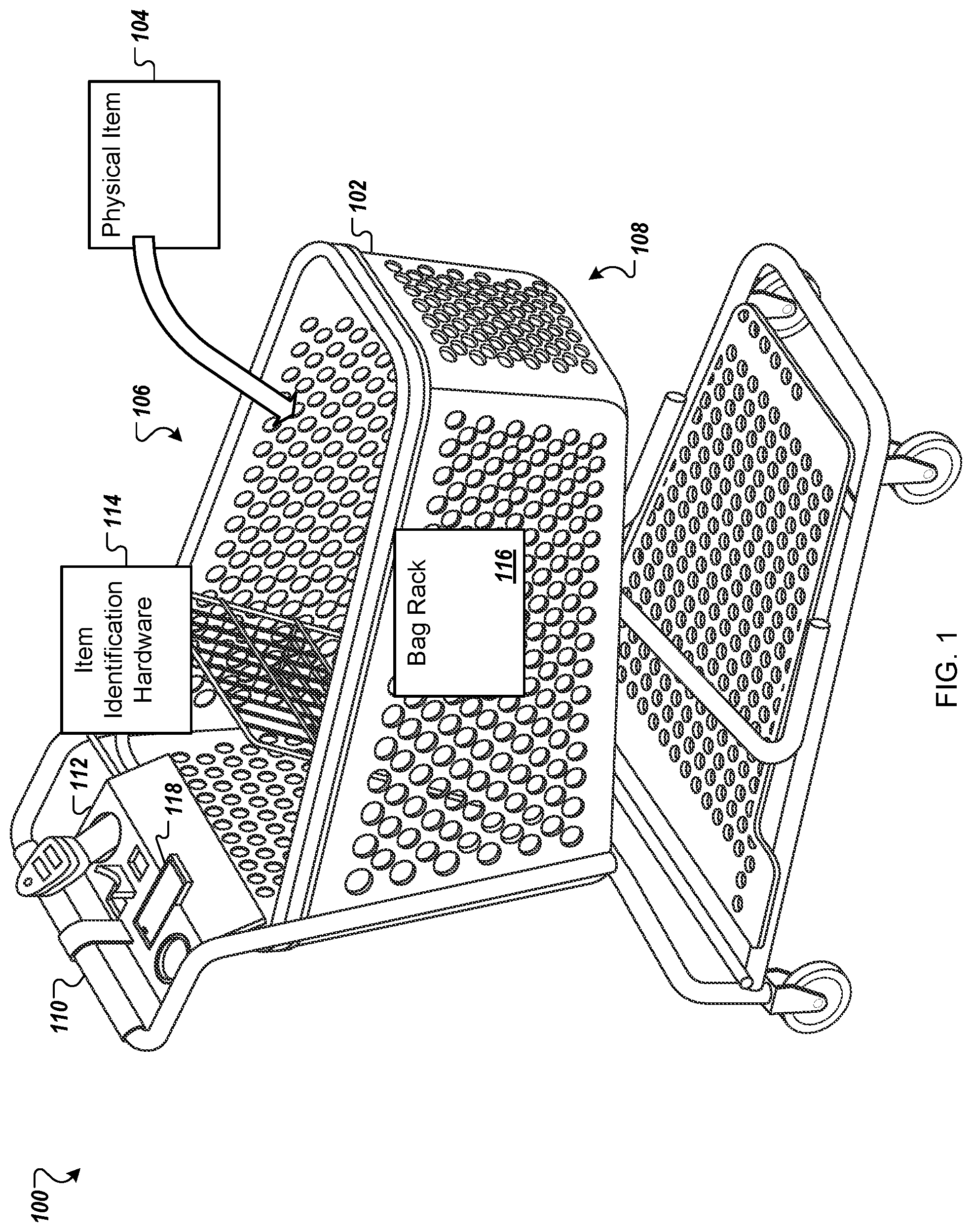 Patent US11772696 Figure 1 – Physical shopping cart having features for use in customer checkout of items placed into the shopping cart