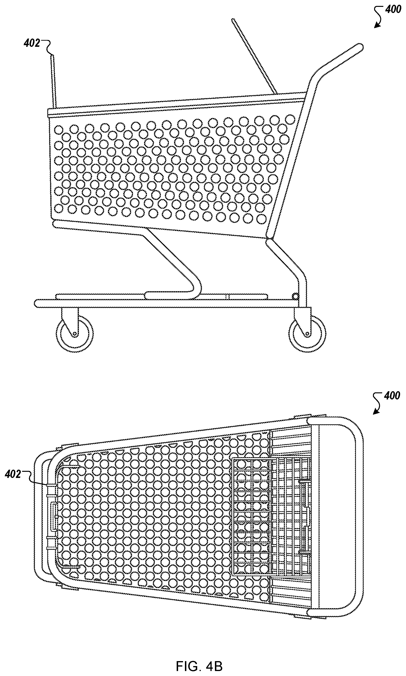 Patent US11772696 Figure 7 – Physical shopping cart having features for use in customer checkout of items placed into the shopping cart