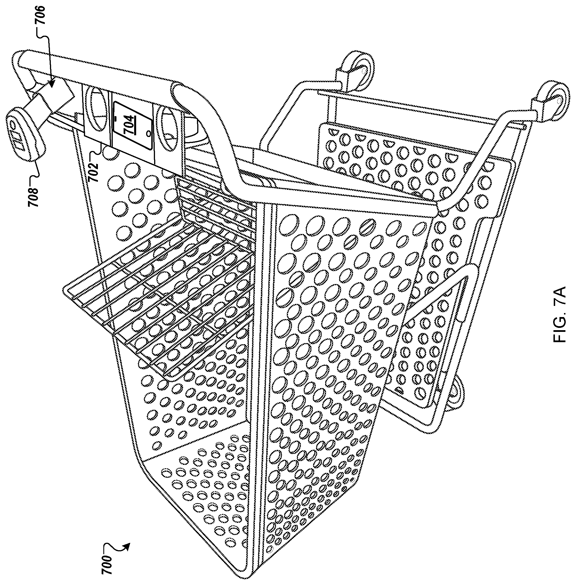 Patent US11772696 Figure 11 – Physical shopping cart having features for use in customer checkout of items placed into the shopping cart