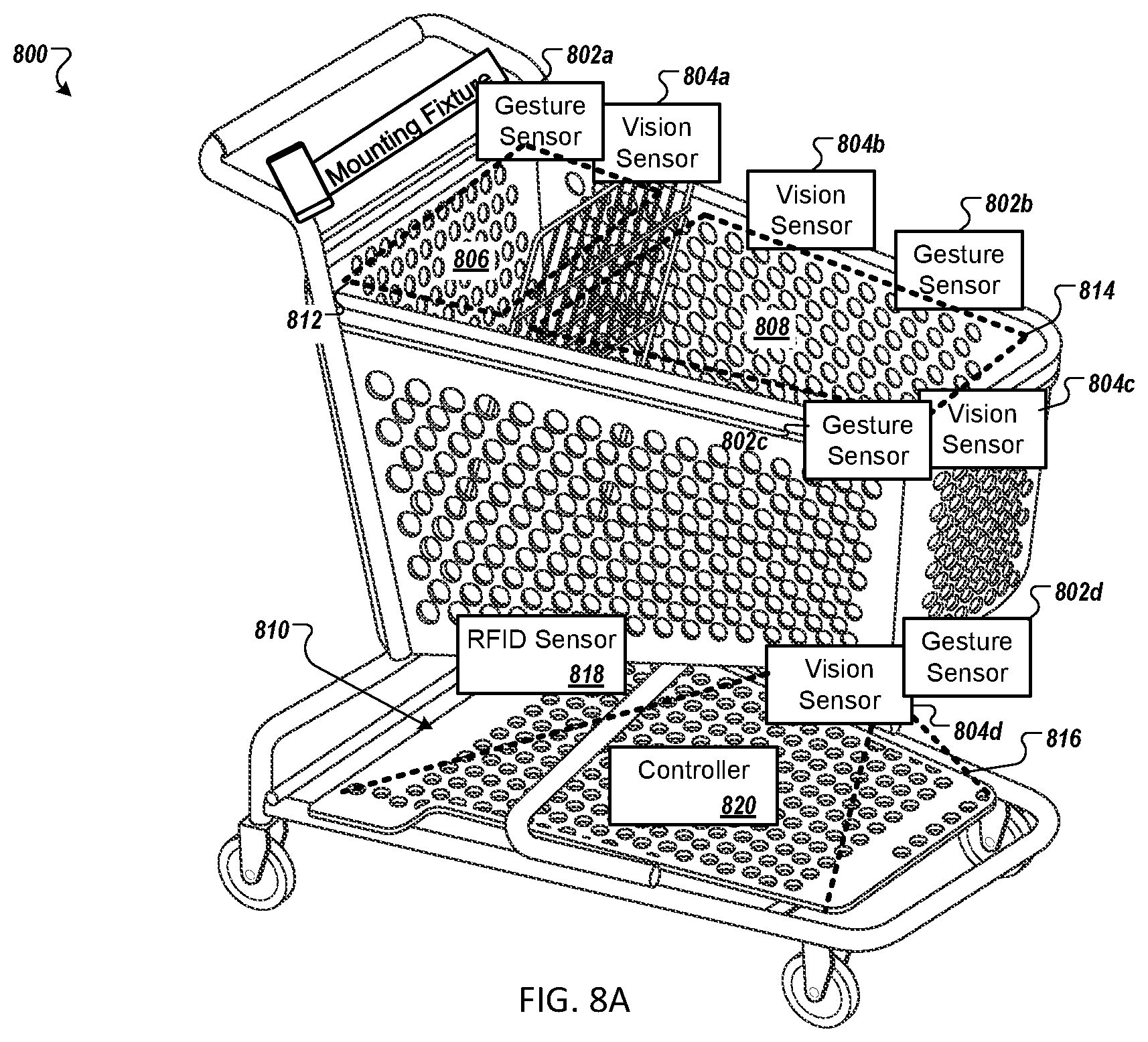 Patent US11772696 Figure 13 – Physical shopping cart having features for use in customer checkout of items placed into the shopping cart