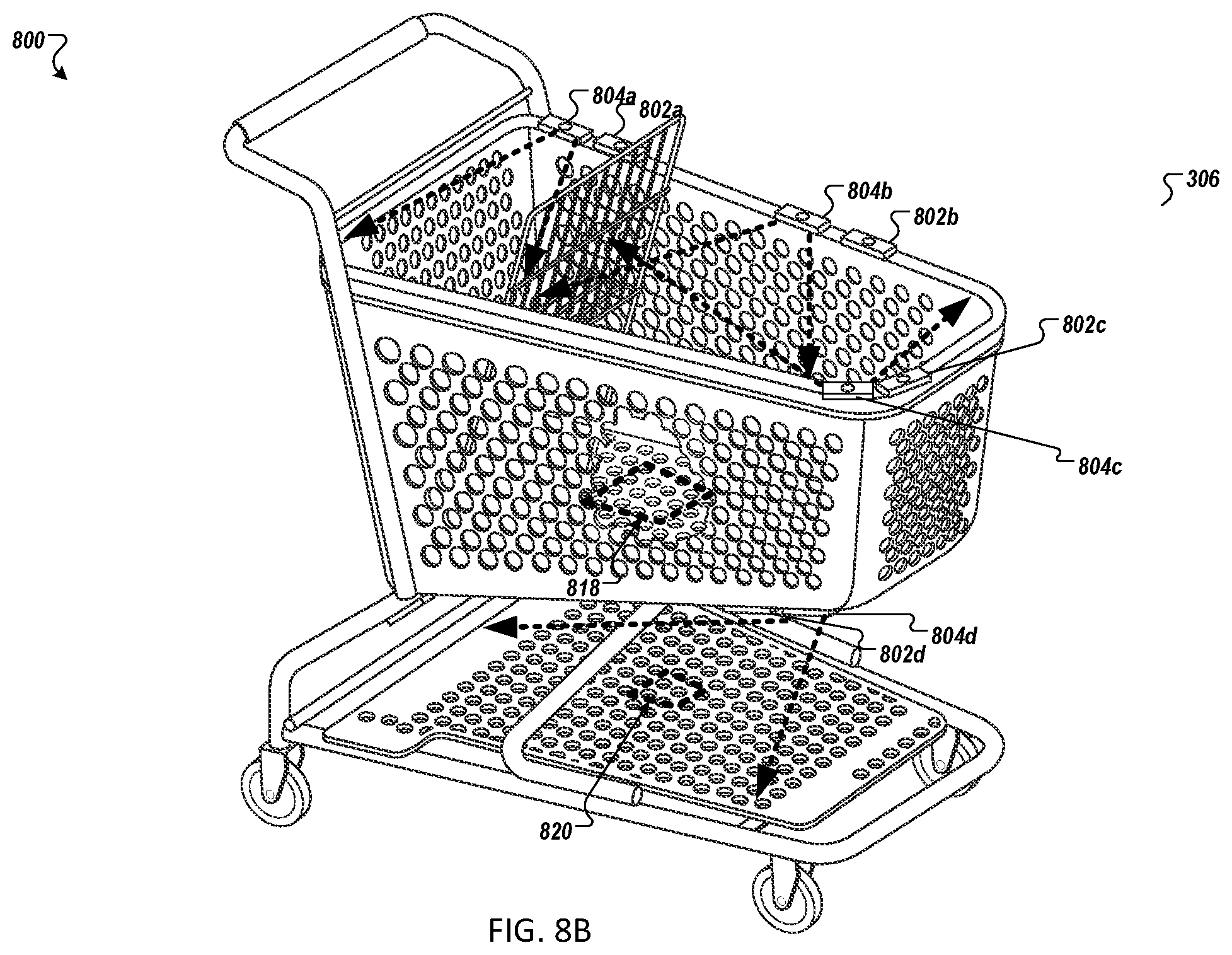 Patent US11772696 Figure 14 – Physical shopping cart having features for use in customer checkout of items placed into the shopping cart