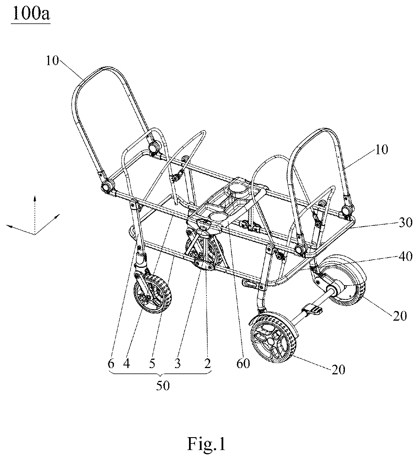 Patent US11772698 Figure 1 – Frame of double-person baby carriage and frame folding mechanism thereof