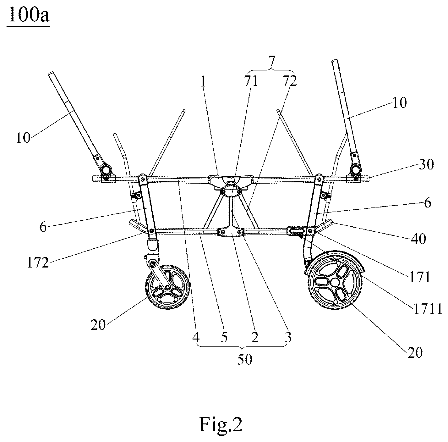 Patent US11772698 Figure 2 – Frame of double-person baby carriage and frame folding mechanism thereof