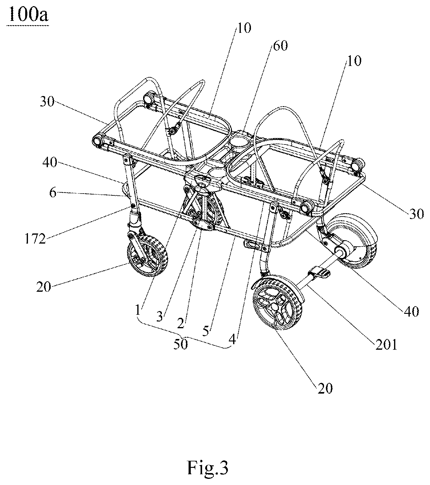 Patent US11772698 Figure 3 – Frame of double-person baby carriage and frame folding mechanism thereof