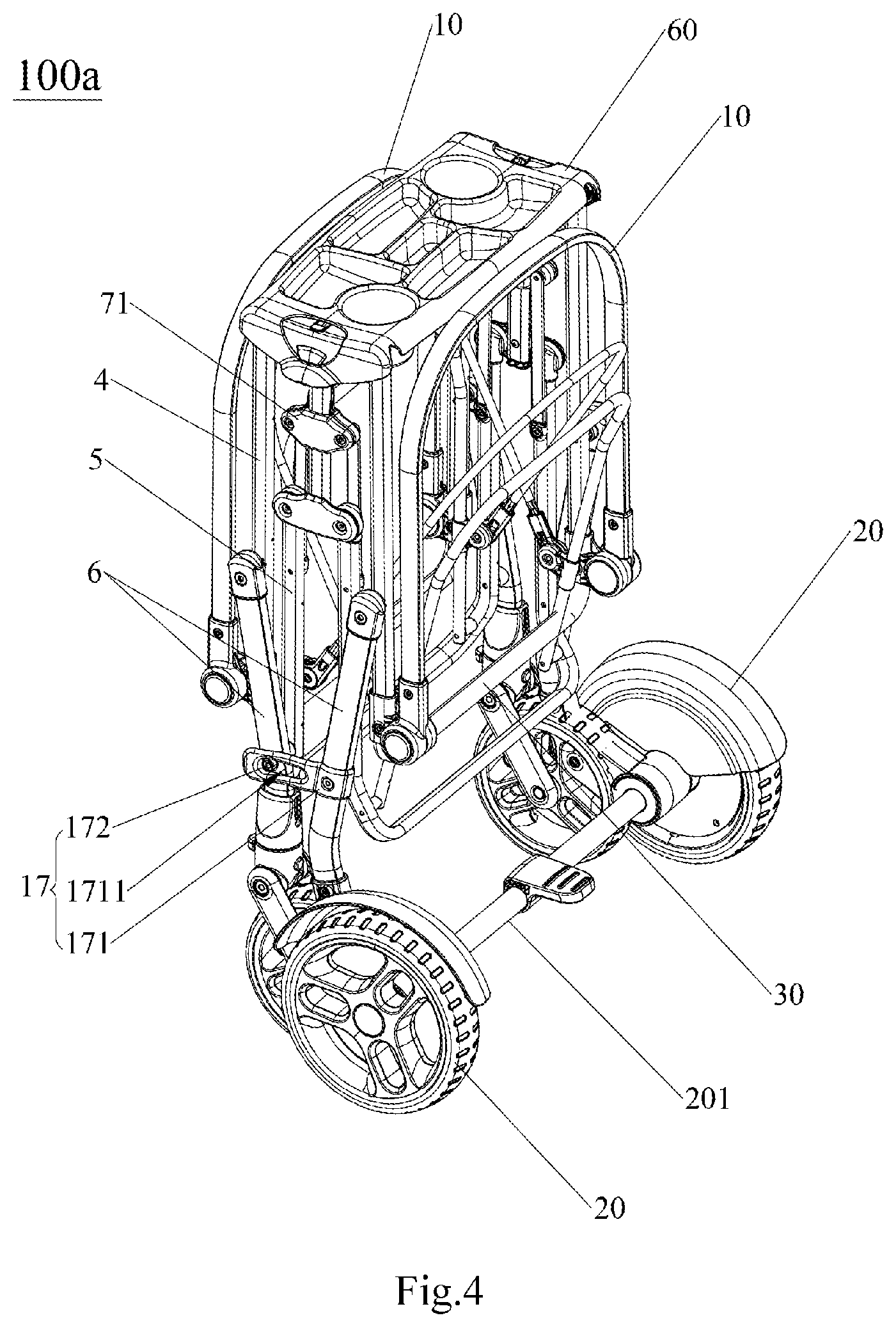 Patent US11772698 Figure 4 – Frame of double-person baby carriage and frame folding mechanism thereof