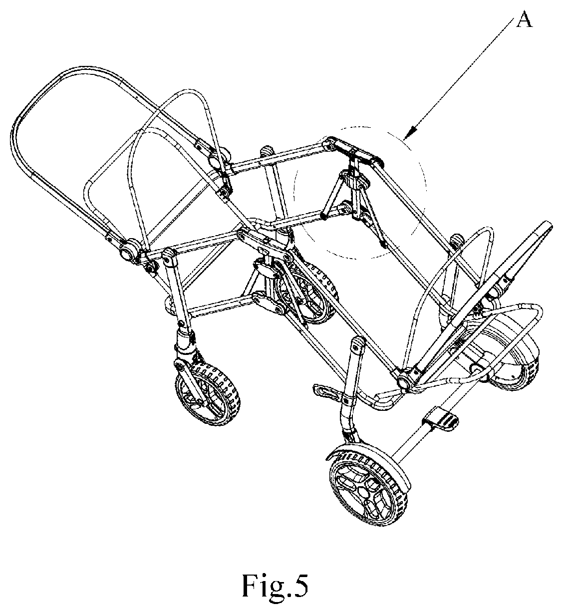 Patent US11772698 Figure 5 – Frame of double-person baby carriage and frame folding mechanism thereof