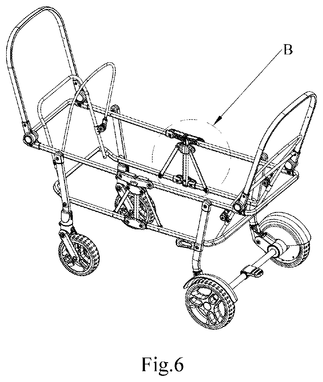 Patent US11772698 Figure 6 – Frame of double-person baby carriage and frame folding mechanism thereof