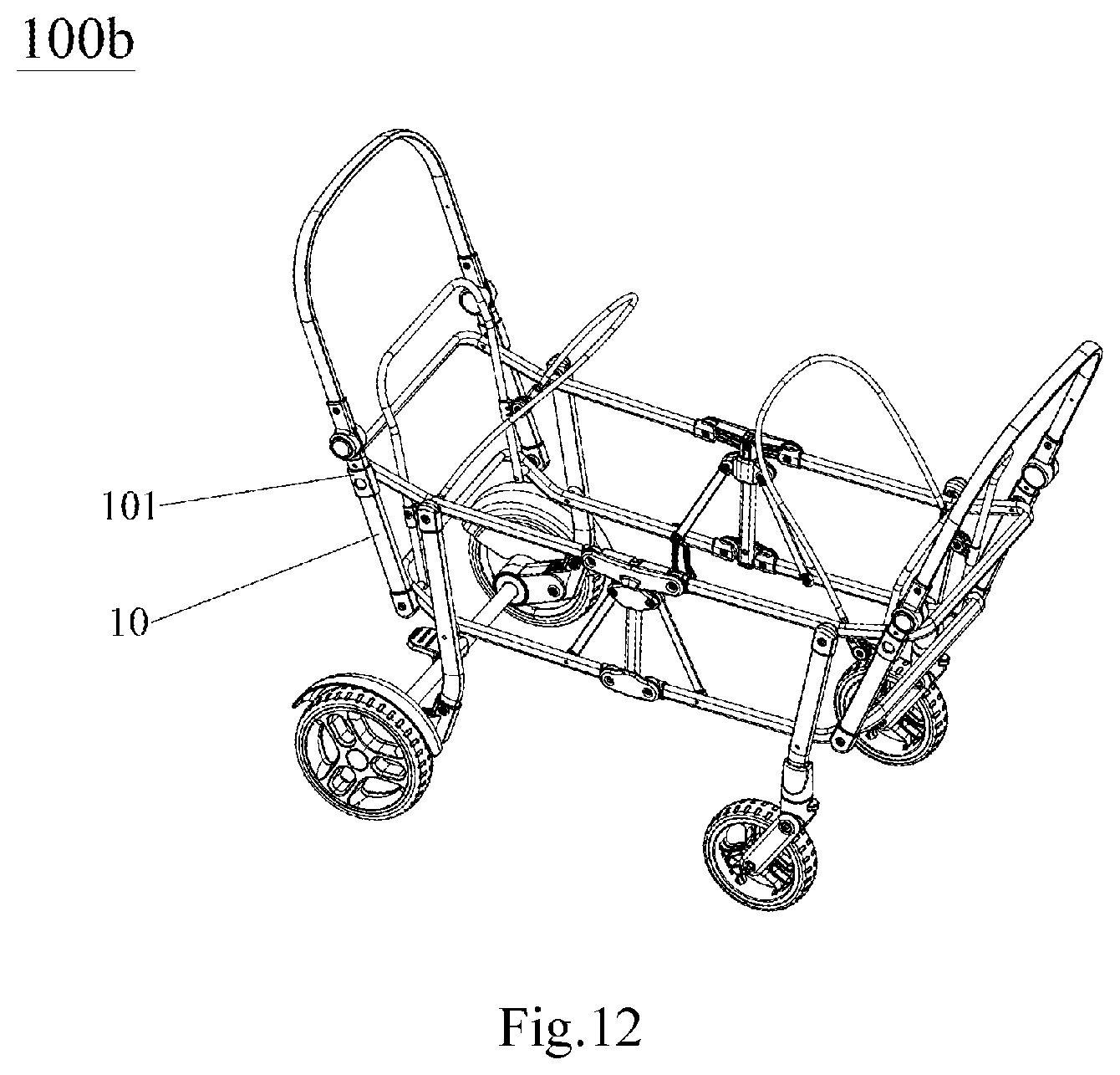 Patent US11772698 Figure 11 – Frame of double-person baby carriage and frame folding mechanism thereof