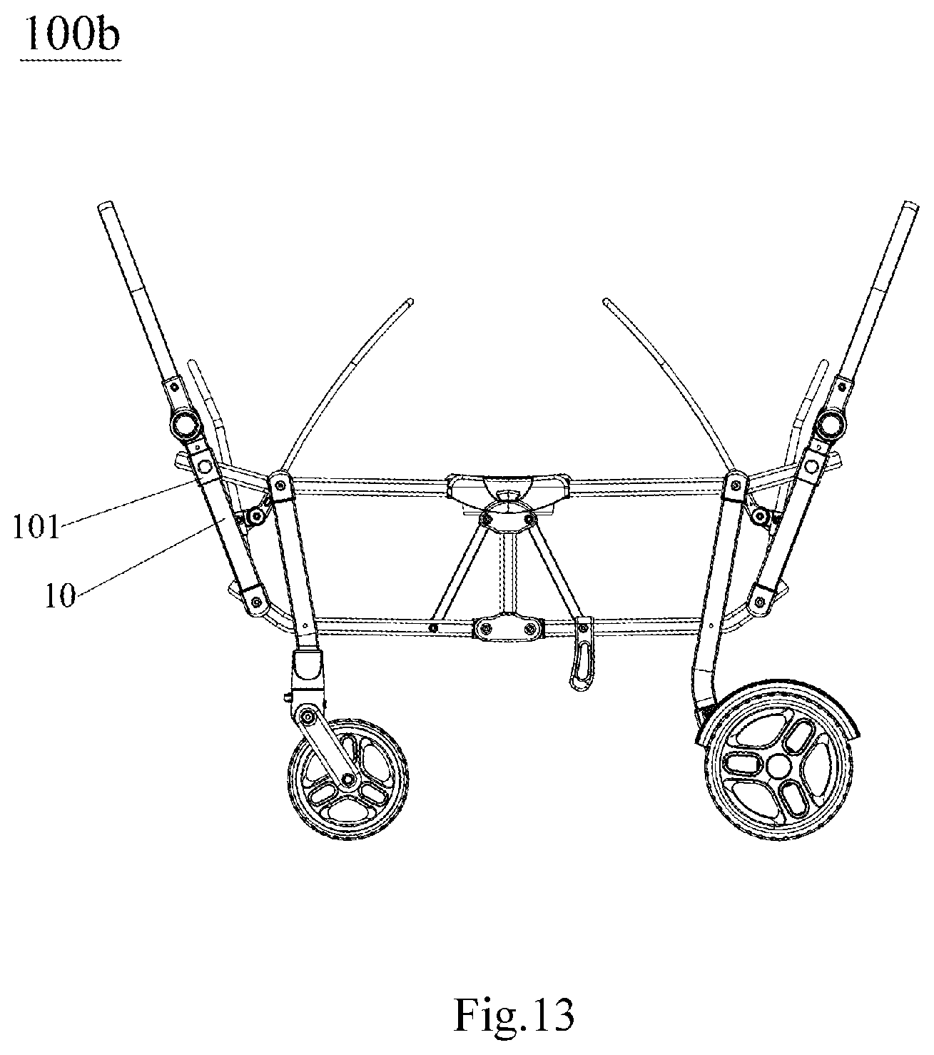 Patent US11772698 Figure 12 – Frame of double-person baby carriage and frame folding mechanism thereof