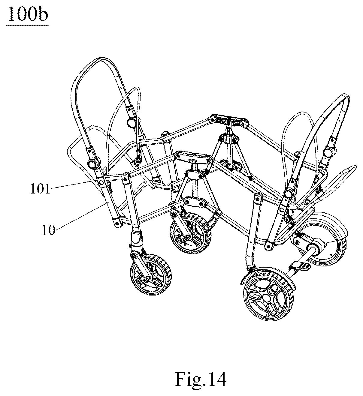 Patent US11772698 Figure 13 – Frame of double-person baby carriage and frame folding mechanism thereof