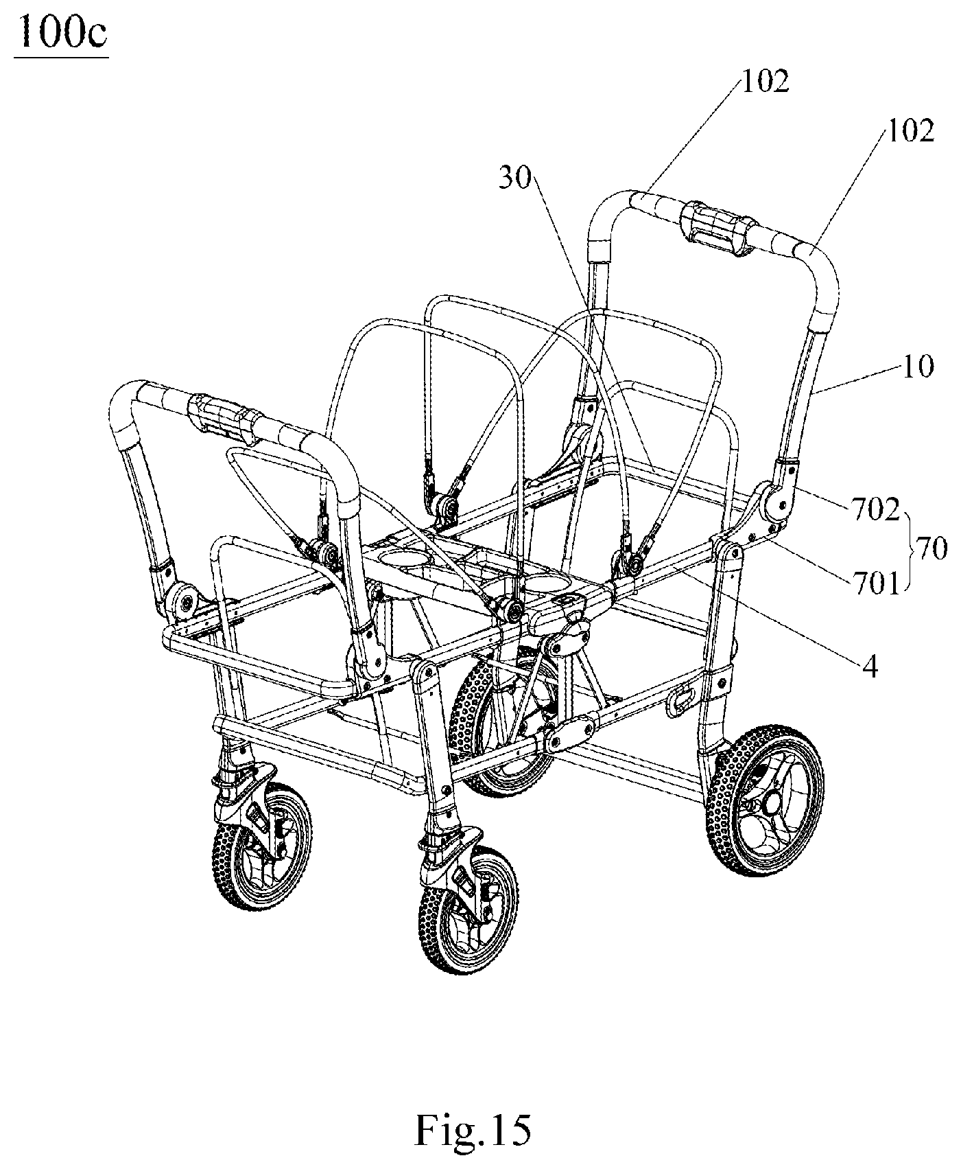 Patent US11772698 Figure 14 – Frame of double-person baby carriage and frame folding mechanism thereof