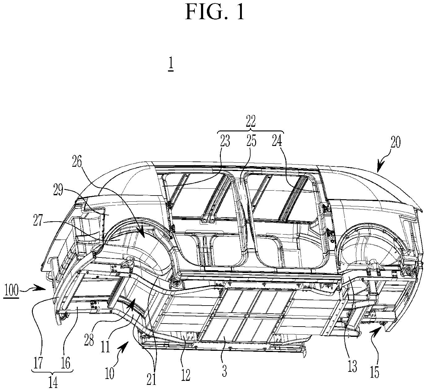 Patent US11772708 Figure 1 – Front vehicle body structure