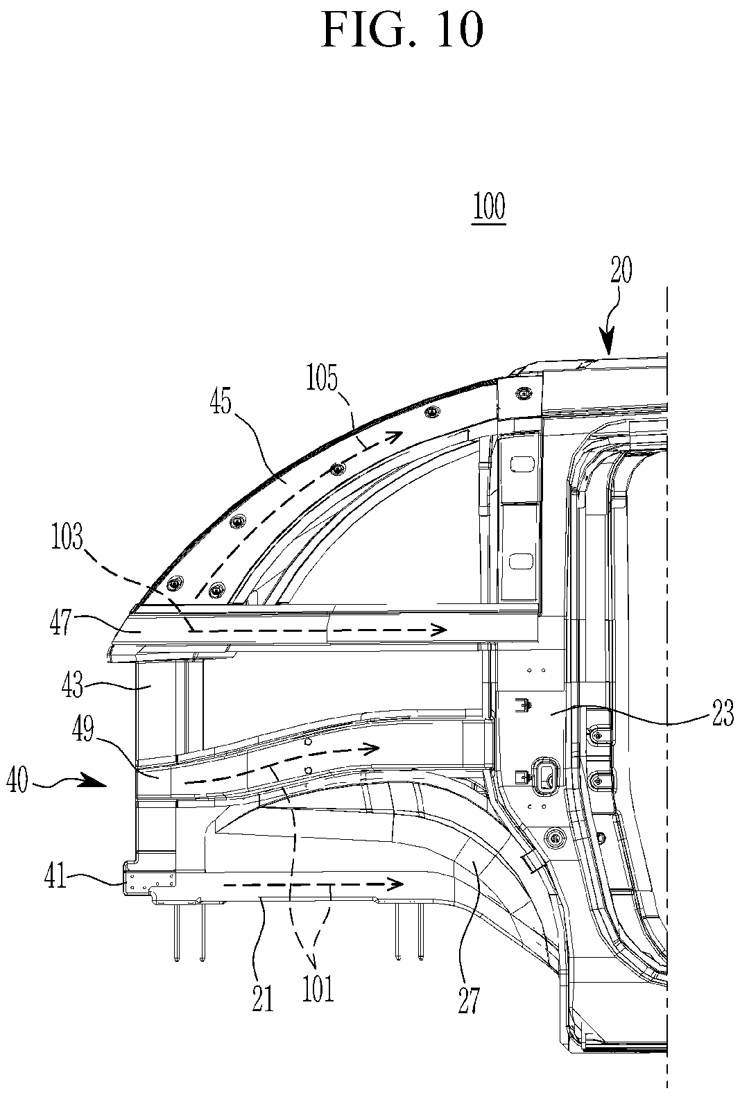 Patent US11772708 Figure 11 – Front vehicle body structure