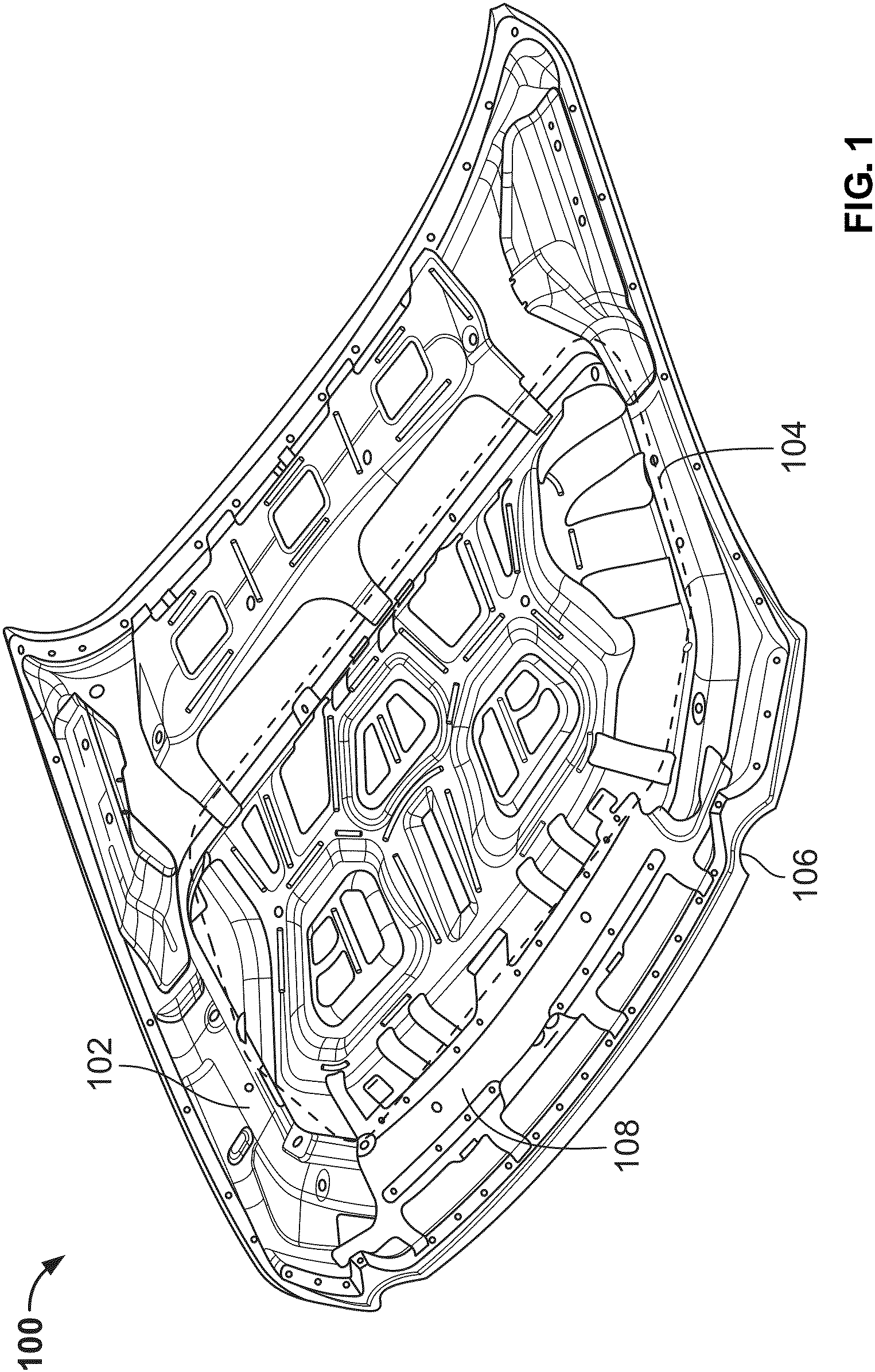 Patent US11772710 Figure 1 – Optimized vehicle hood for impact protection