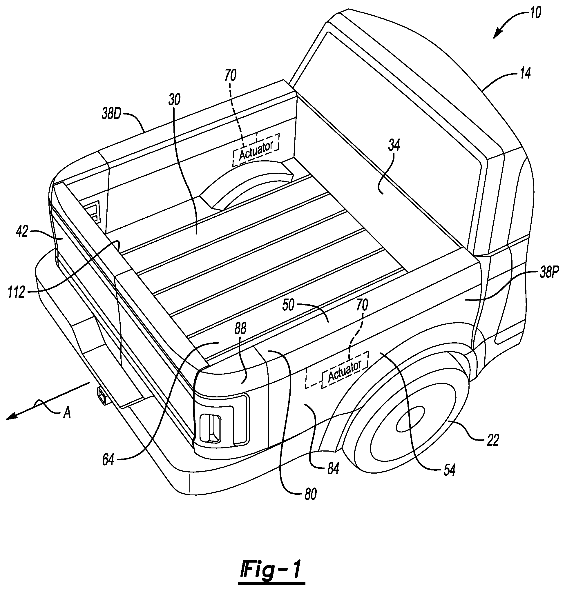 Patent US11772714 Figure 1 – Extendable cargo bed side walls having cargo bed access openings