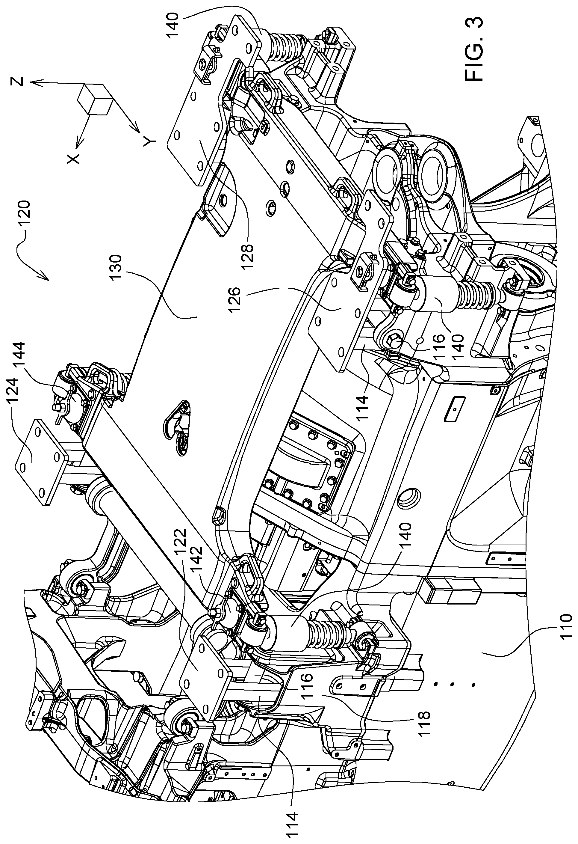 Patent US11772716 Figure 3 – Suspension system for an operator station of a work vehicle