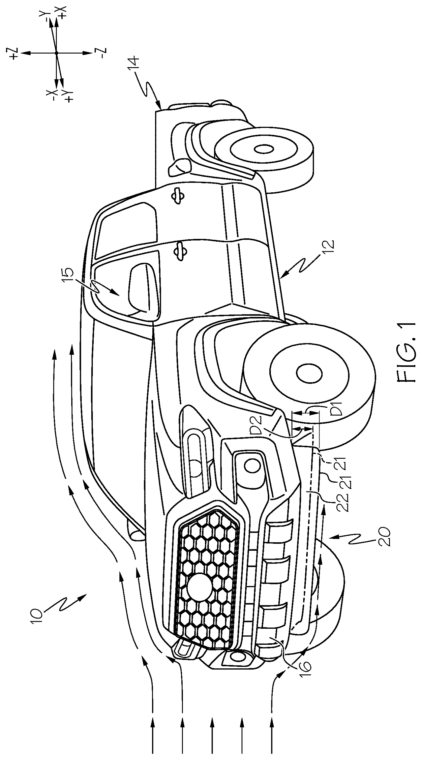 Patent US11772720 Figure 1 – Vehicle active aerodynamic device with service support logic and mechanism