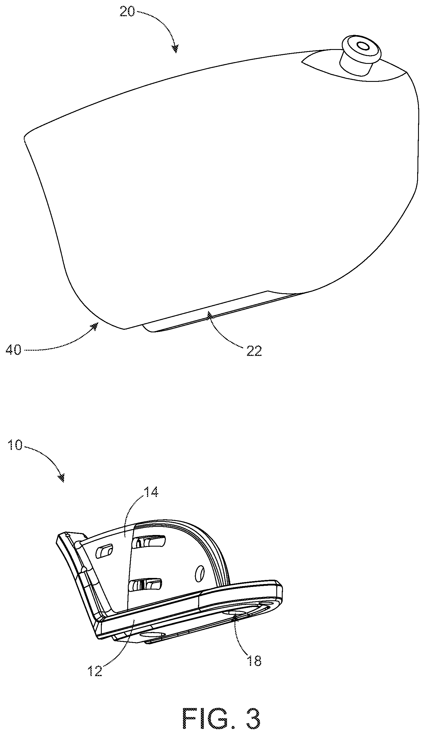 Patent US11772734 Figure 3 – Aero-shaped cageless bicycle water bottle and internal mount