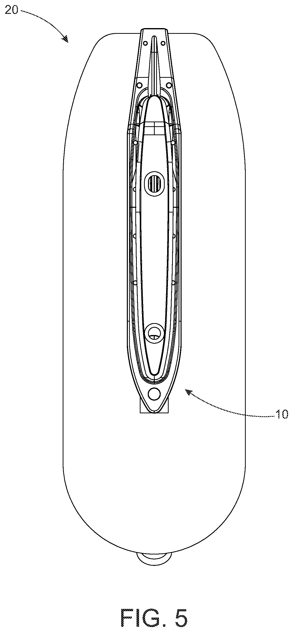 Patent US11772734 Figure 5 – Aero-shaped cageless bicycle water bottle and internal mount