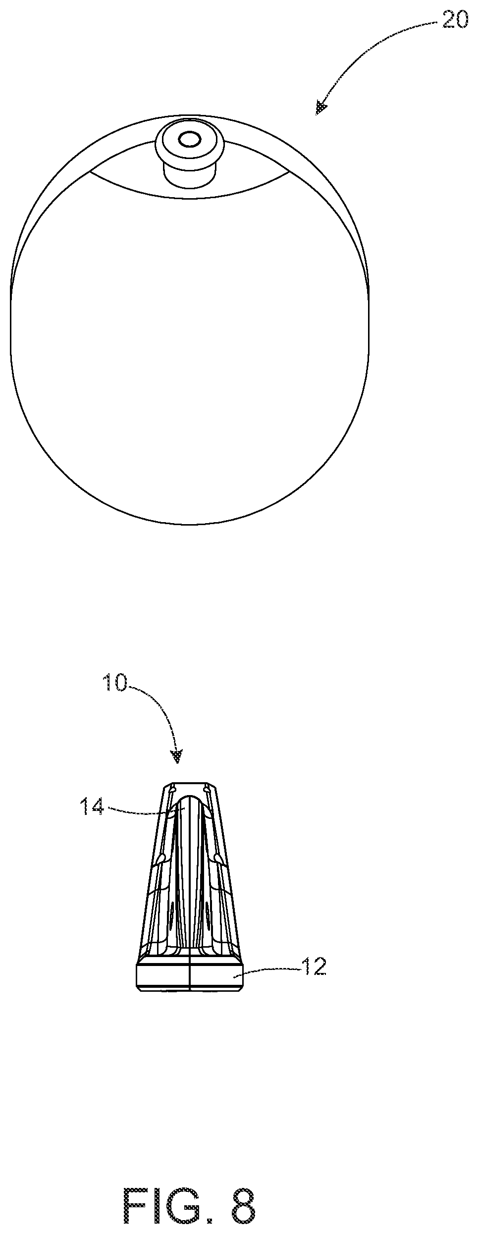 Patent US11772734 Figure 8 – Aero-shaped cageless bicycle water bottle and internal mount