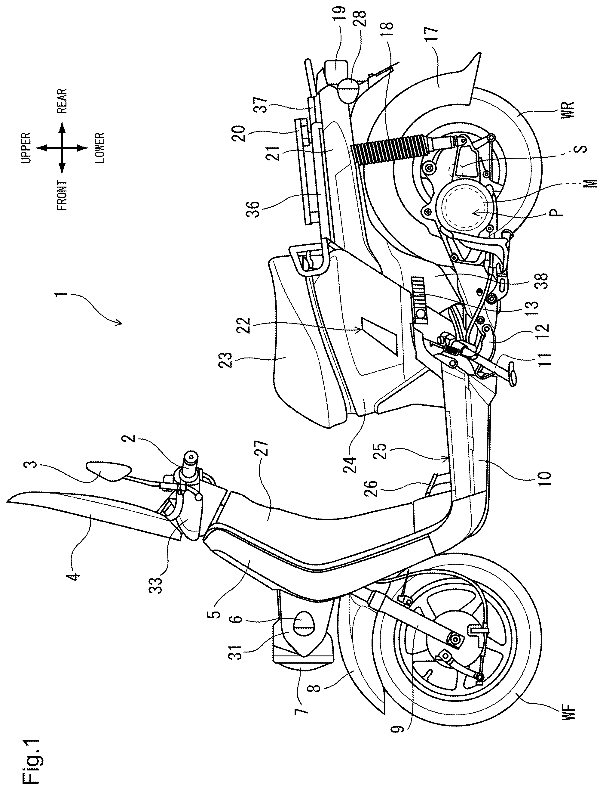 Patent US11772737 Figure 1 – Battery attaching/detaching structure for saddle-type vehicle