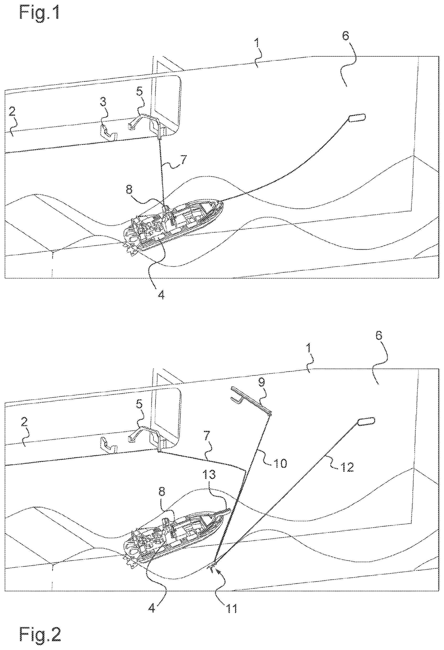 Patent US11772751 Figure 1 – System for recovering a surface marine craft from a carrier ship