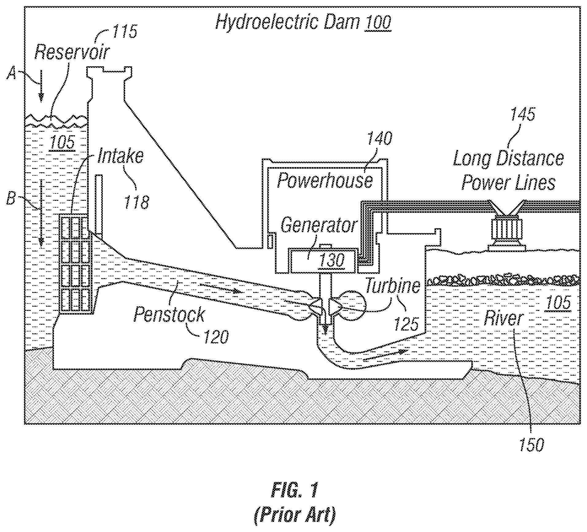 Patent US11772754 Figure 1 – Hydroelectricity production facility using changes in water column density to induce vertical flow