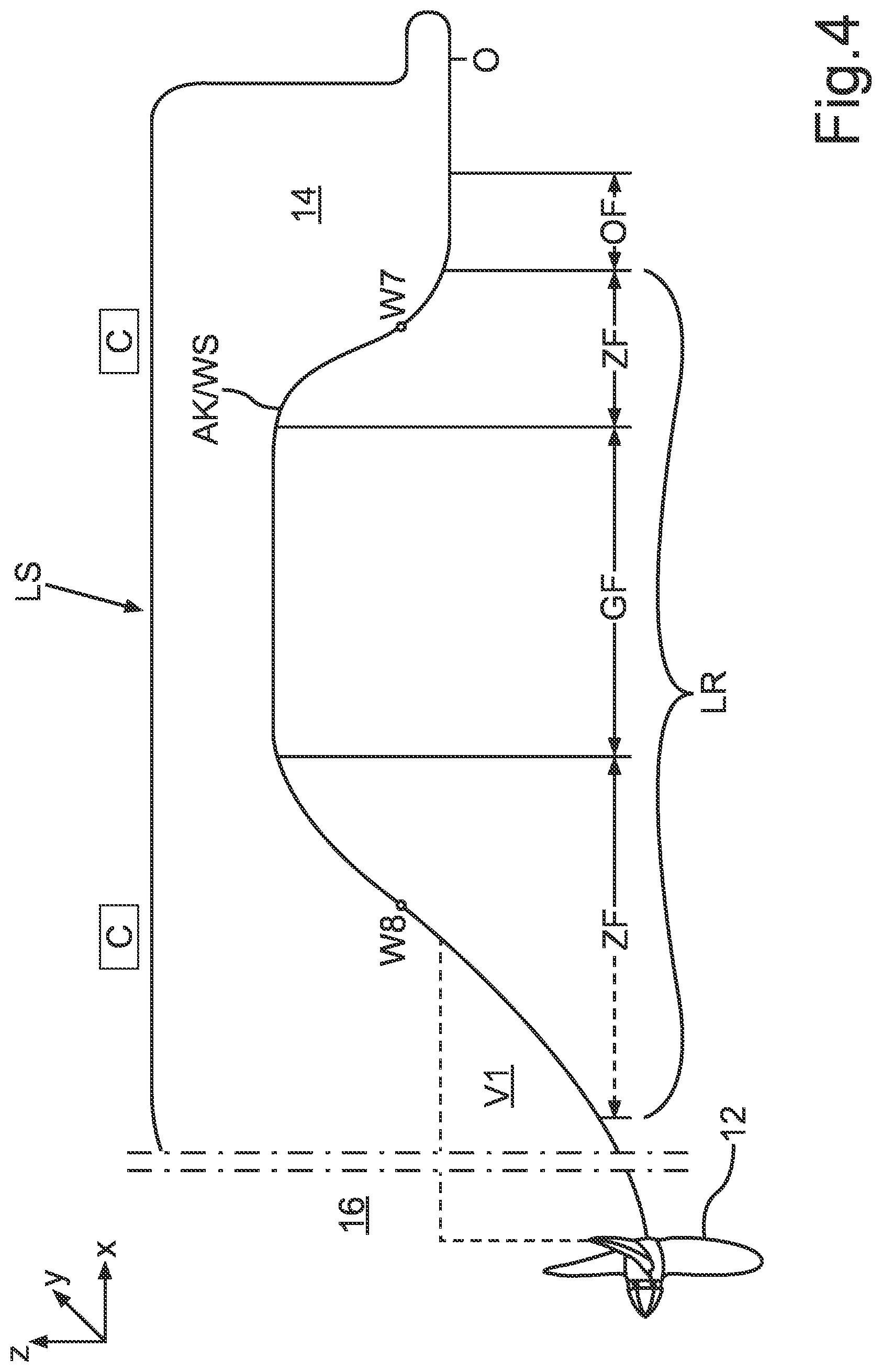 Patent US11772764 Figure 4 – Ship hull having a raised portion in the region of an underside of the ship hull