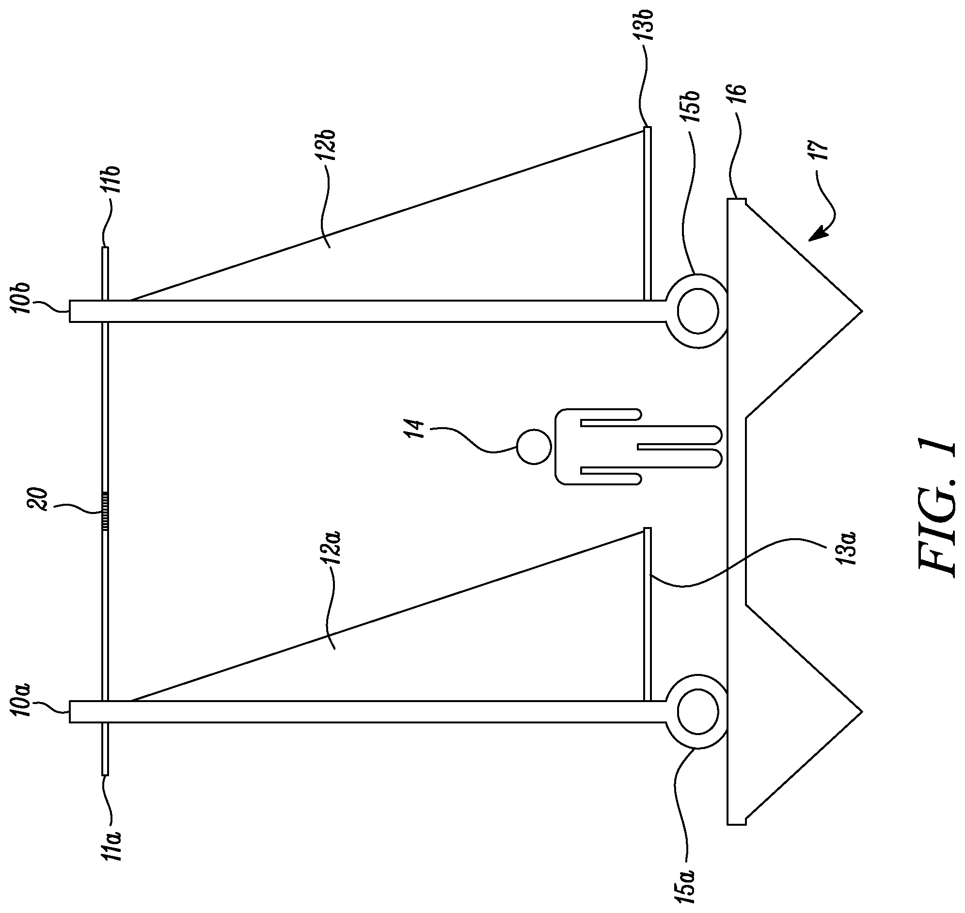 Patent US11772765 Figure 1 – Wind-propelled boat having parallel self-righting paired masts for wind-assisted propulsion for boats