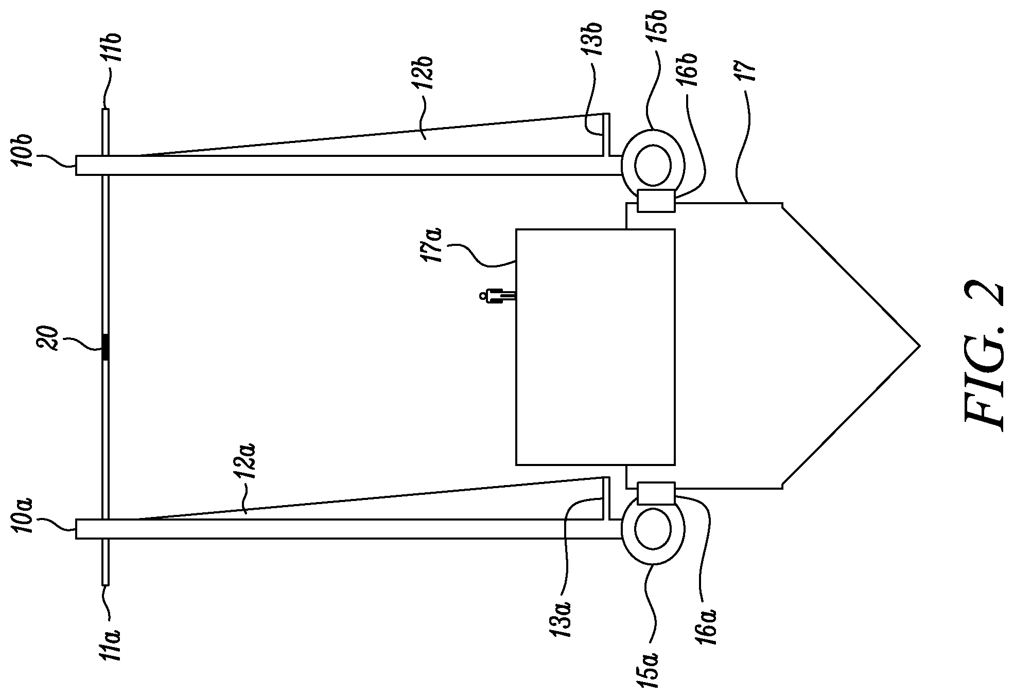 Patent US11772765 Figure 2 – Wind-propelled boat having parallel self-righting paired masts for wind-assisted propulsion for boats
