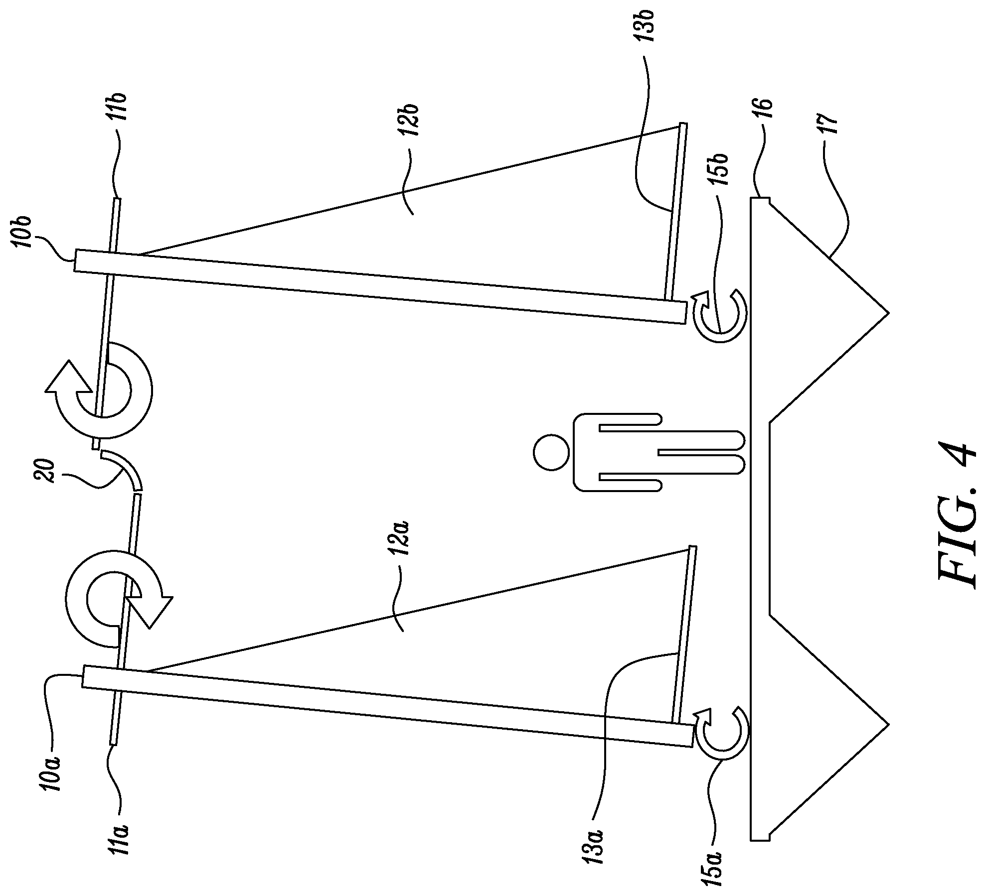 Patent US11772765 Figure 4 – Wind-propelled boat having parallel self-righting paired masts for wind-assisted propulsion for boats