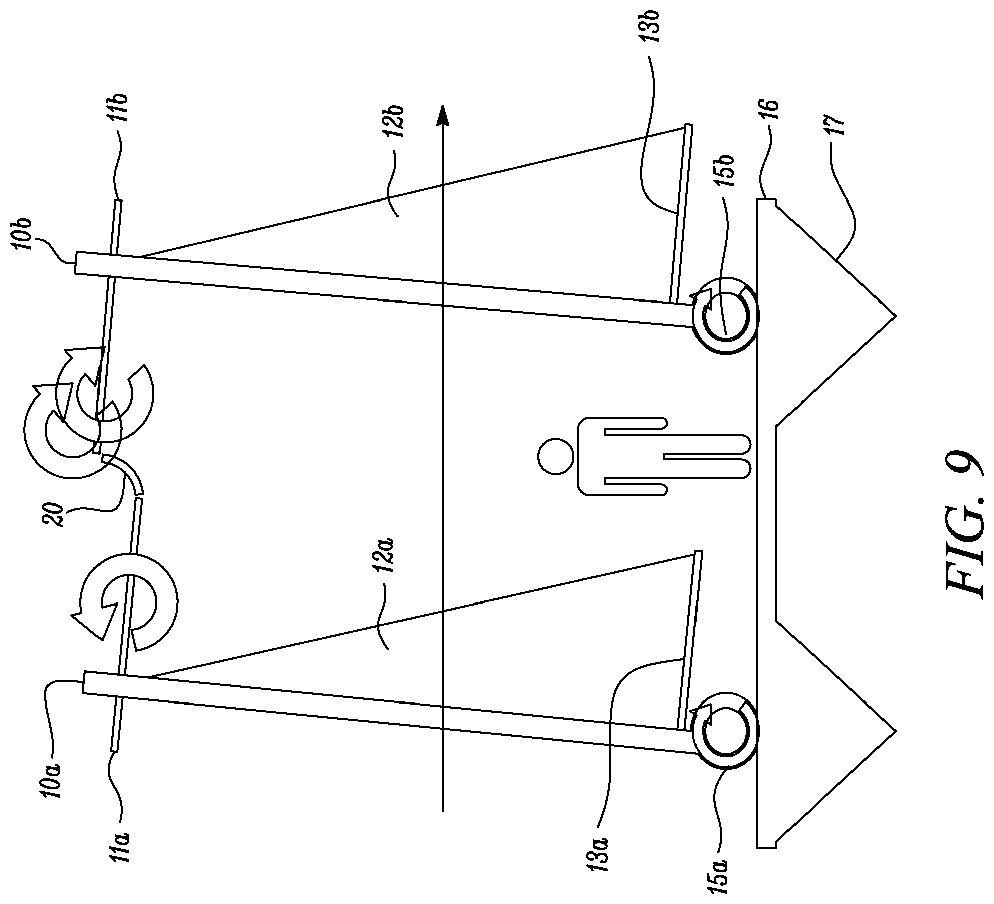 Patent US11772765 Figure 9 – Wind-propelled boat having parallel self-righting paired masts for wind-assisted propulsion for boats