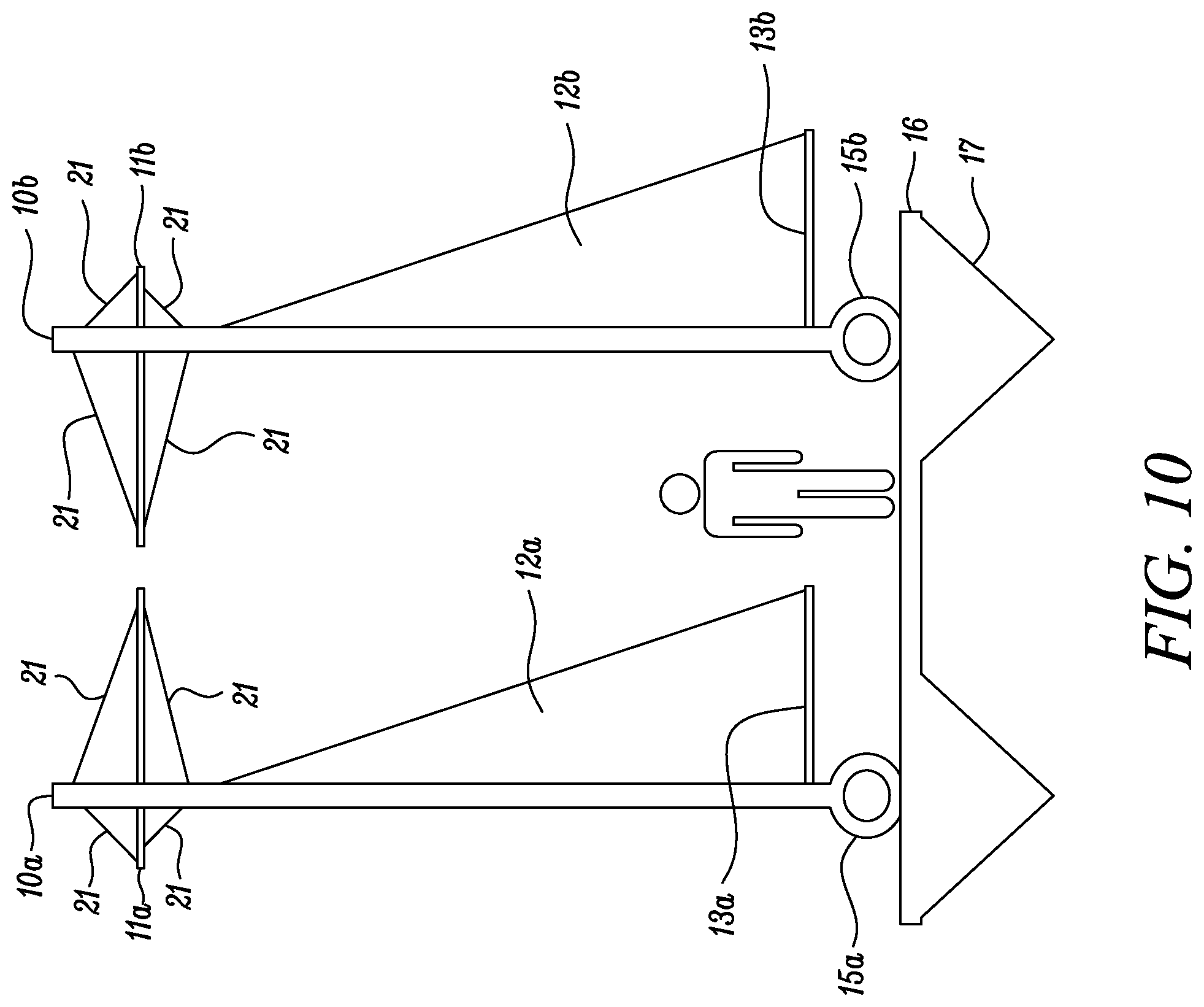 Patent US11772765 Figure 10 – Wind-propelled boat having parallel self-righting paired masts for wind-assisted propulsion for boats