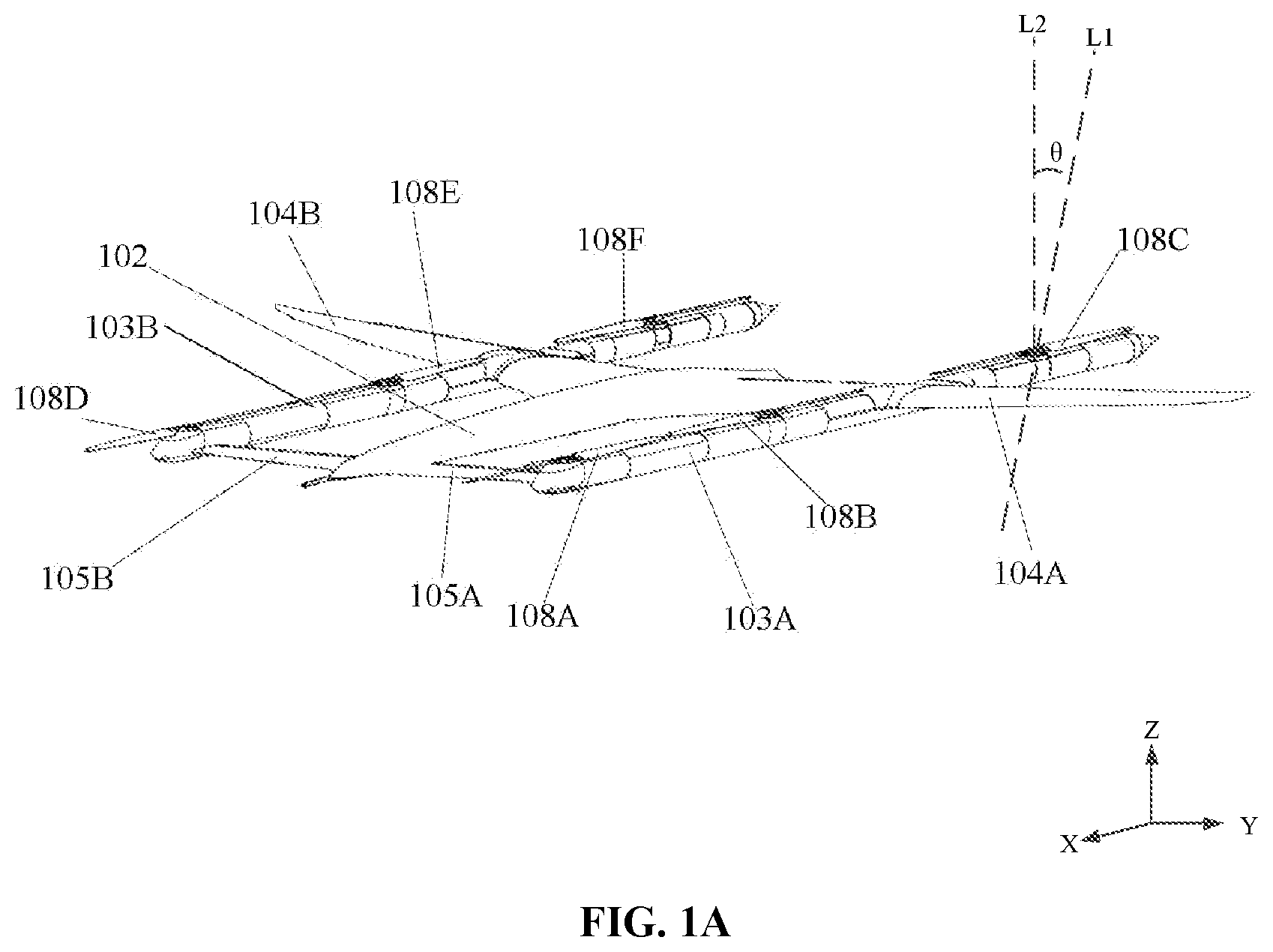 Patent US11772786 Figure 1 – Method of flight control in a vertical takeoff and landing aerial vehicle with angled propellers