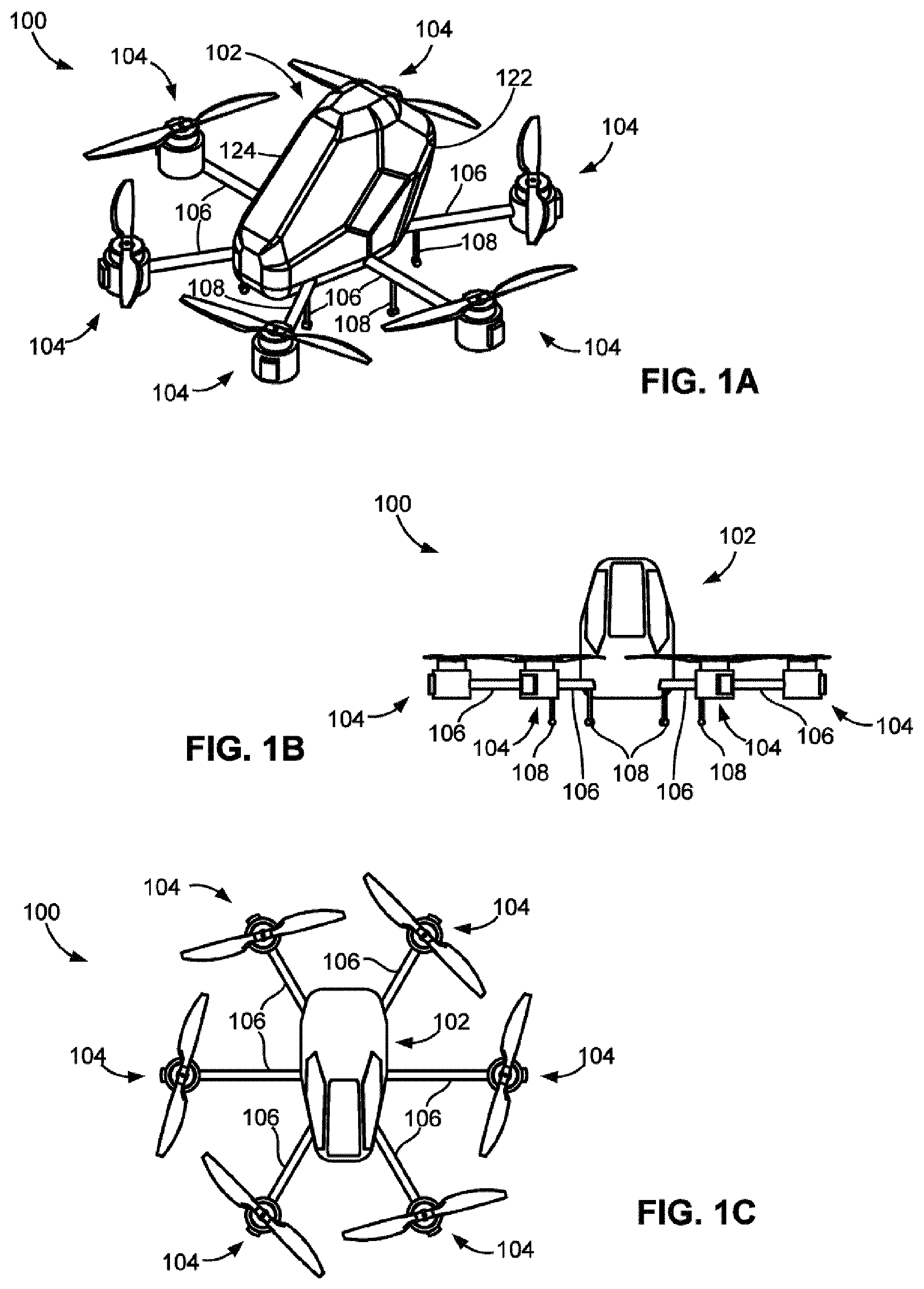 Patent US11772794 Figure 1 – Pilotless transportation aerial-vehicle having distributed-batteries and powering method therefor