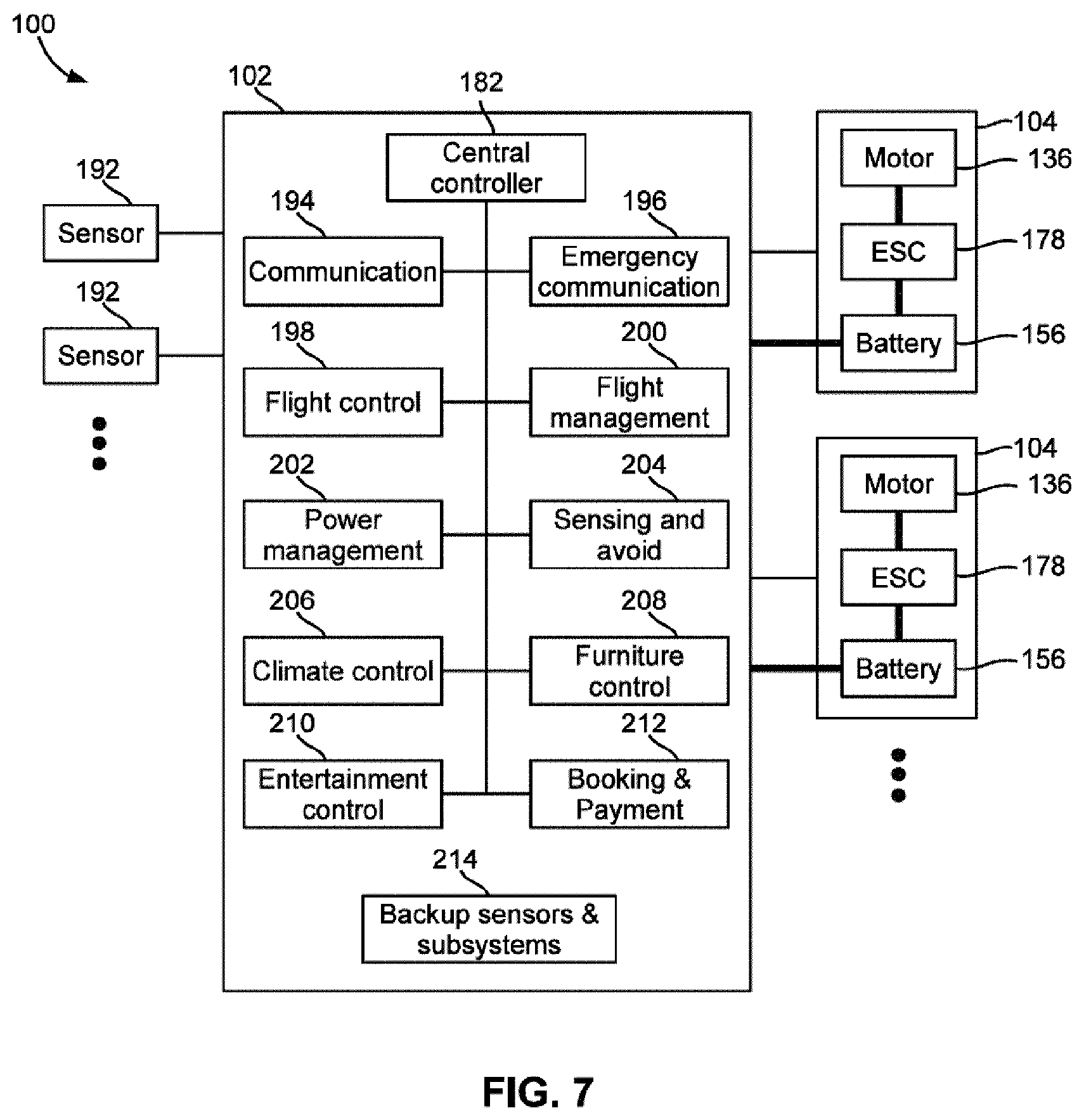 Patent US11772794 Figure 5 – Pilotless transportation aerial-vehicle having distributed-batteries and powering method therefor